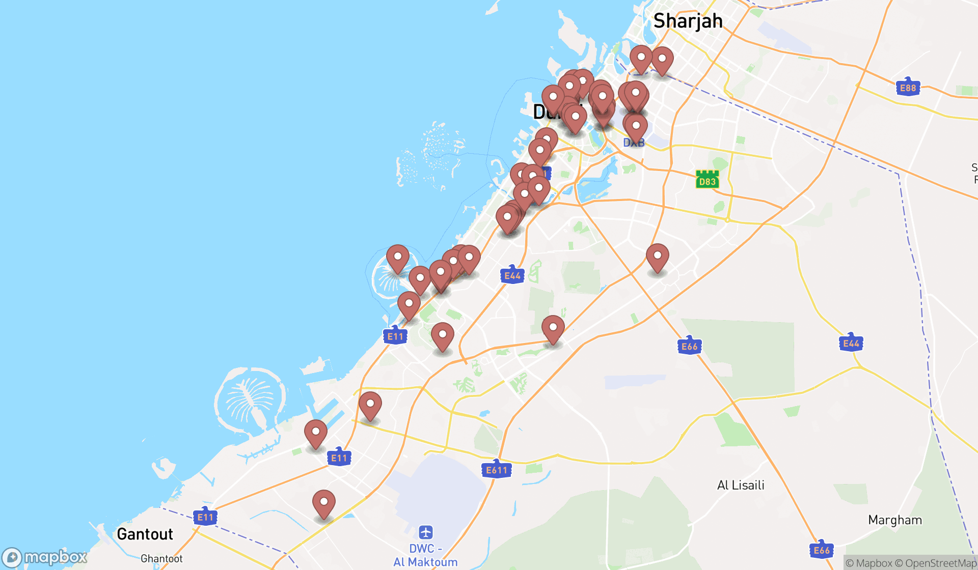 Map showing the search results in Dubai