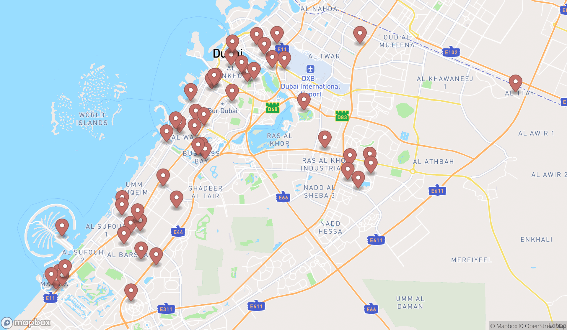 Map showing the search results in Dubai