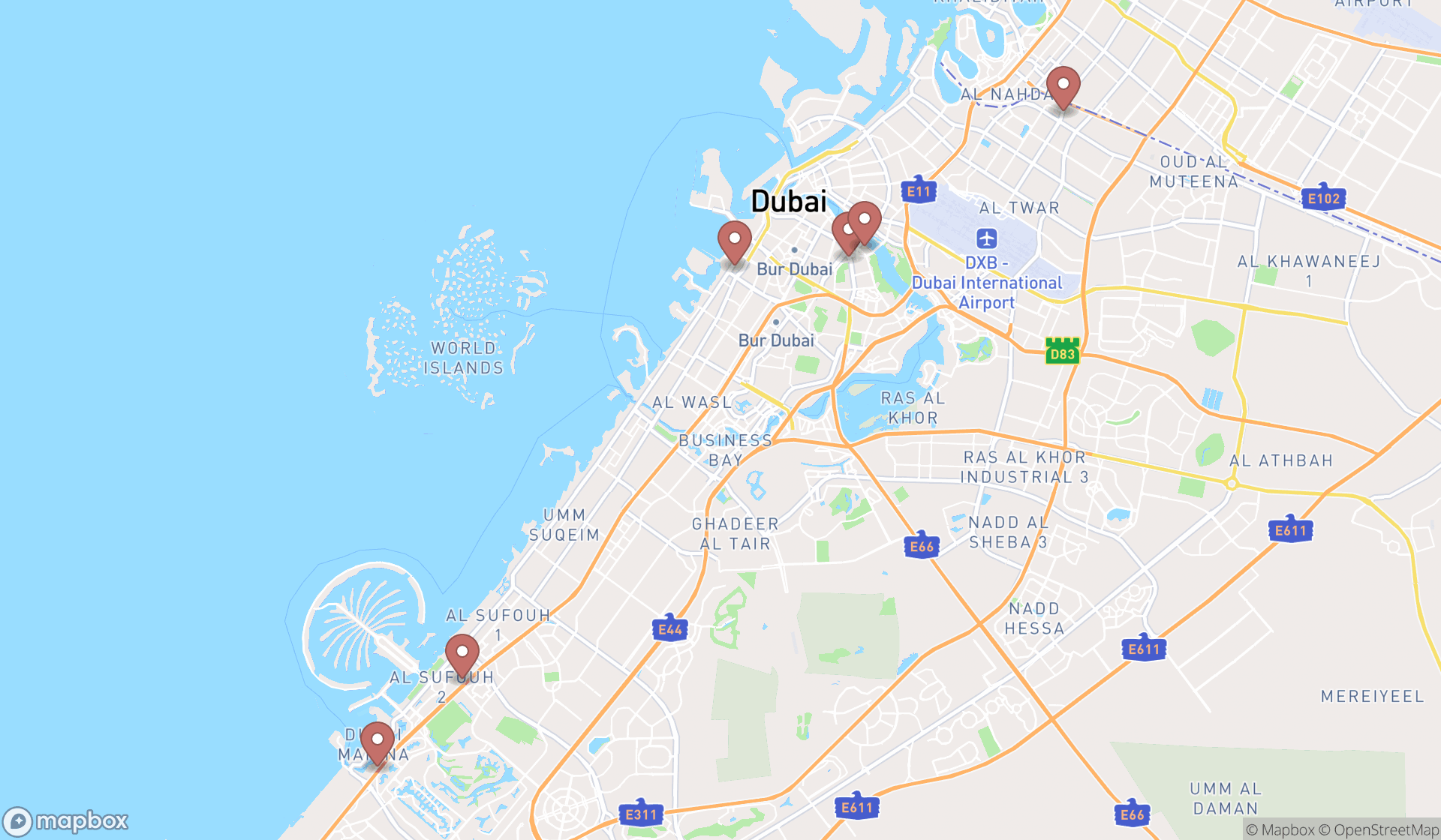 Map showing the search results in Dubai