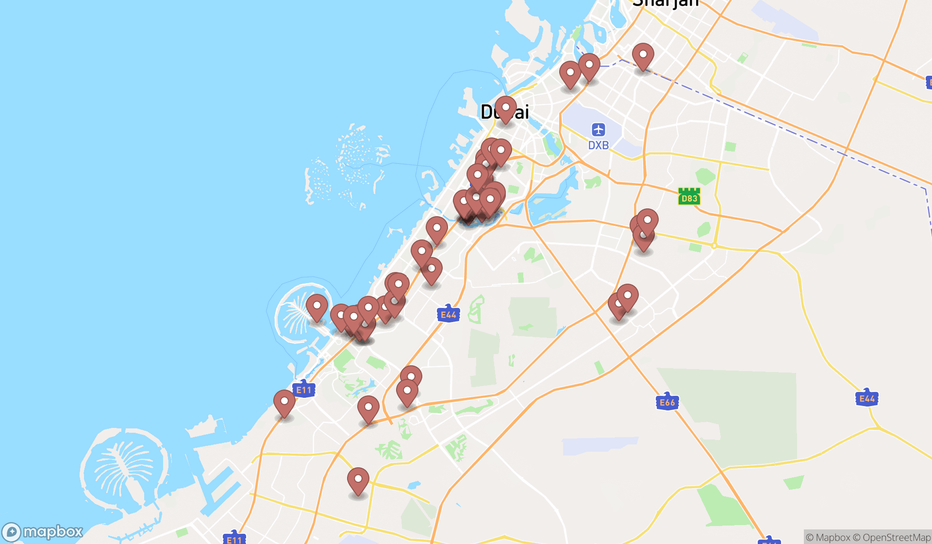 Map showing the search results in Dubai