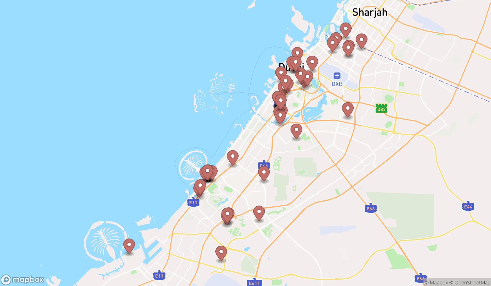 Map showing the search results in Dubai