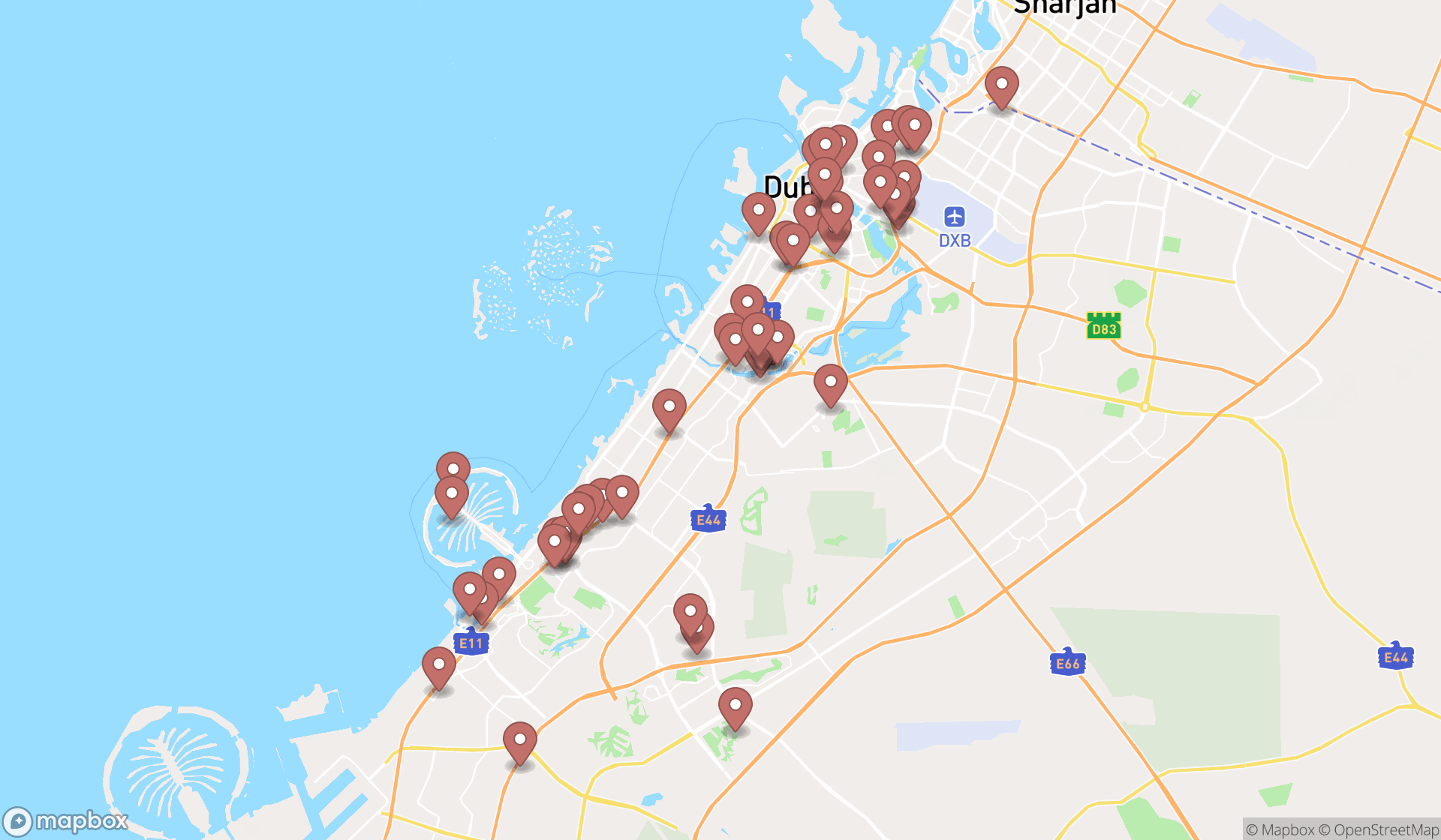 Map showing the search results in Dubai