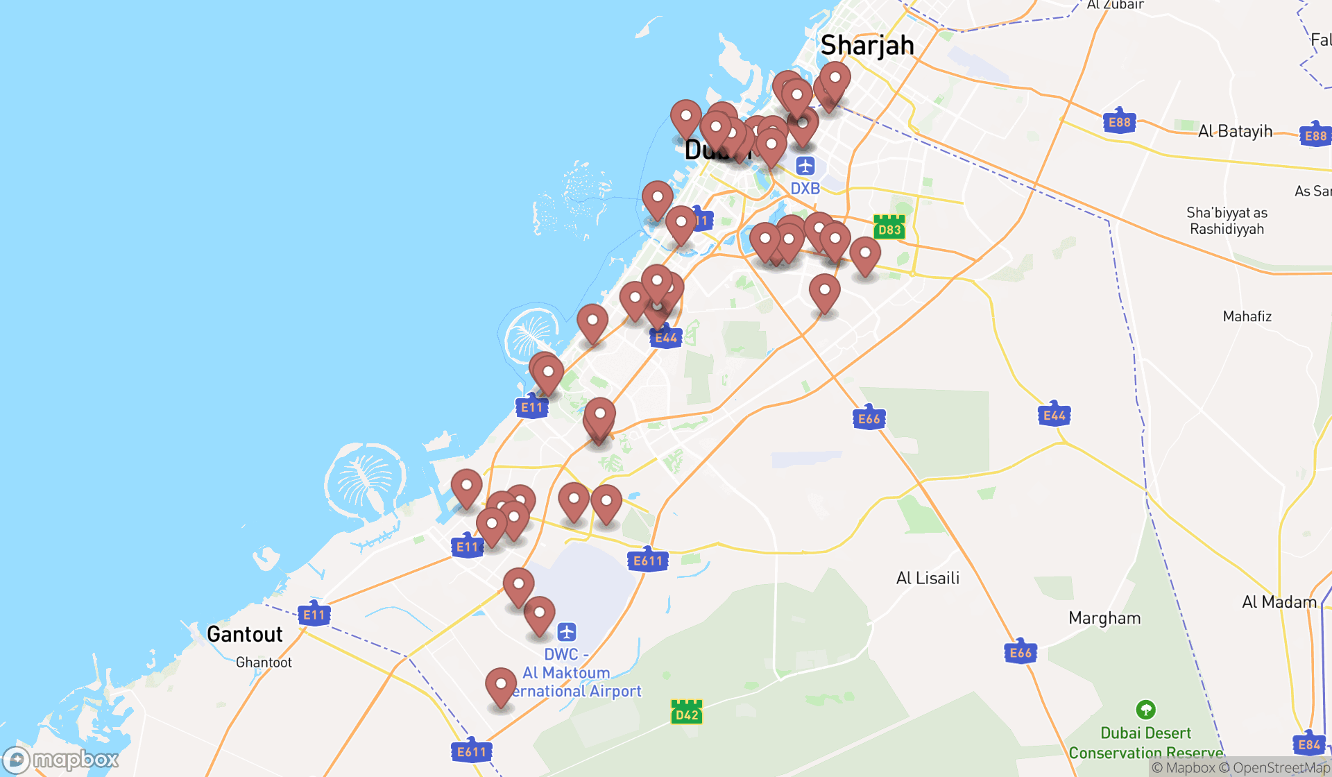 Map showing the search results in Dubai