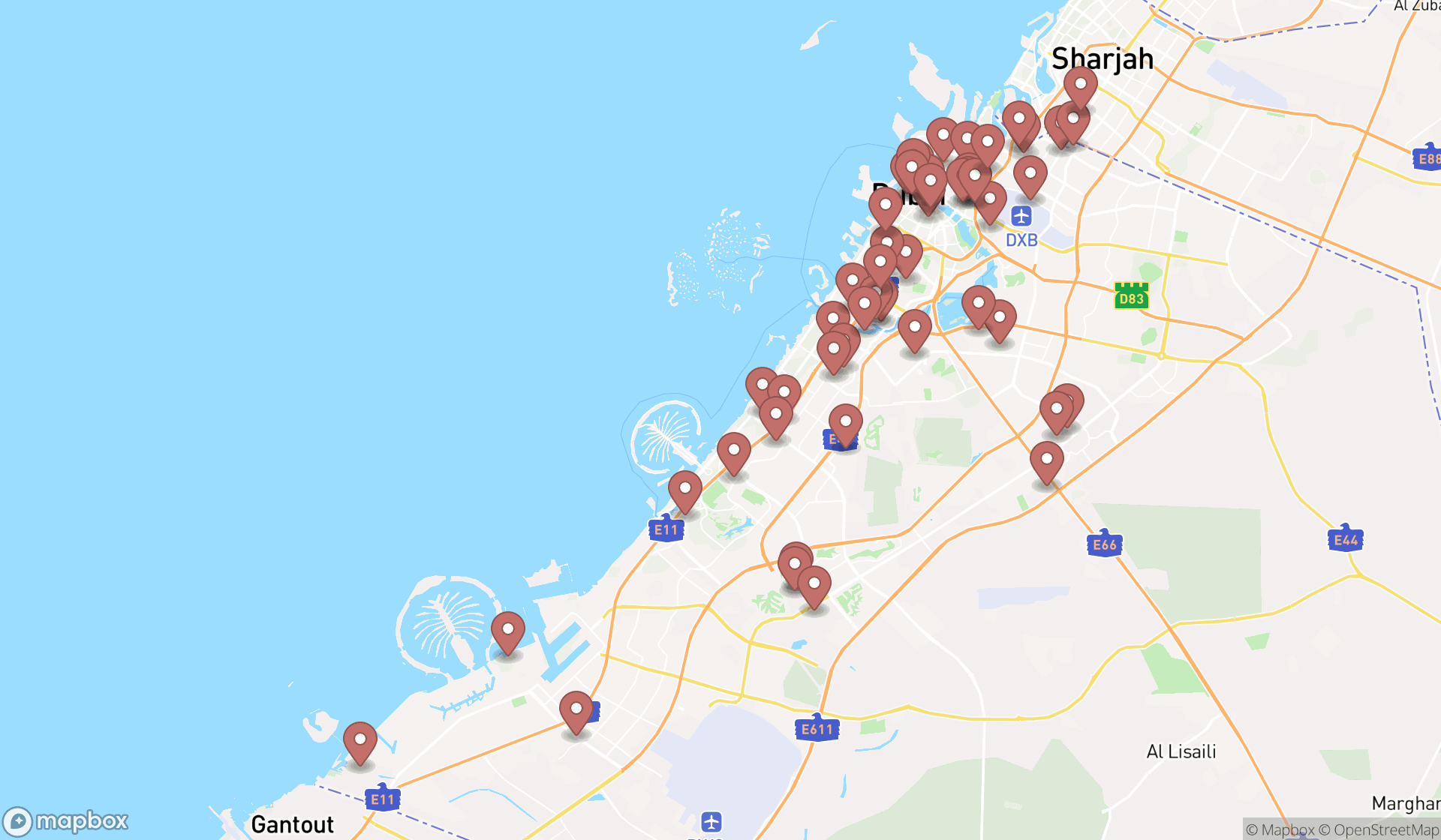 Map showing the search results in Dubai