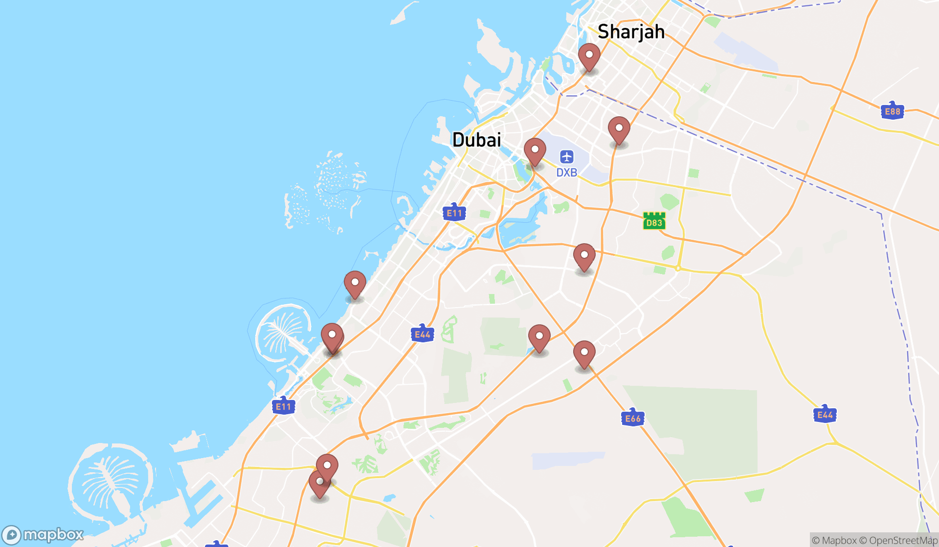 Map showing the search results in Dubai