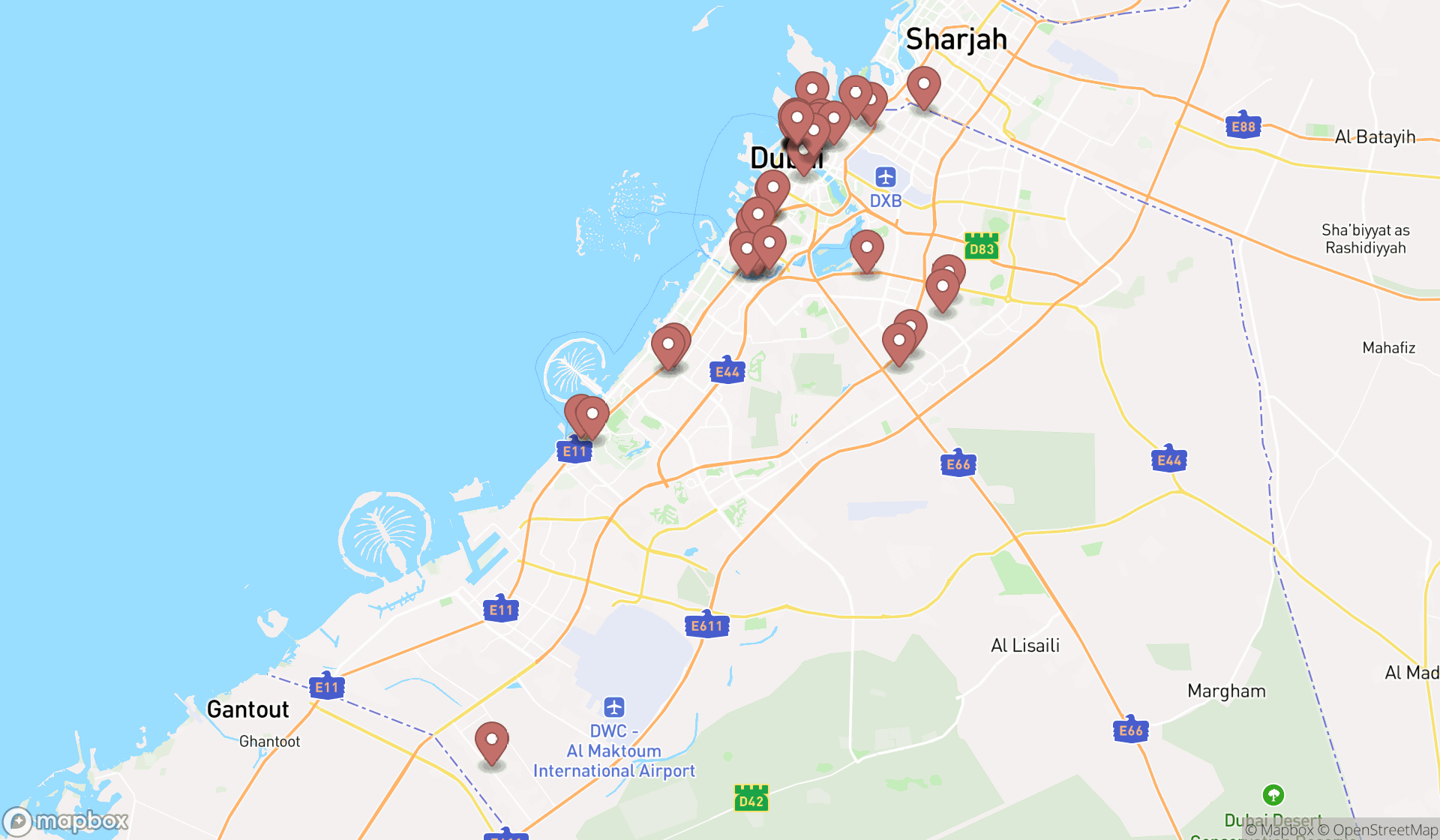 Map showing the search results in Dubai