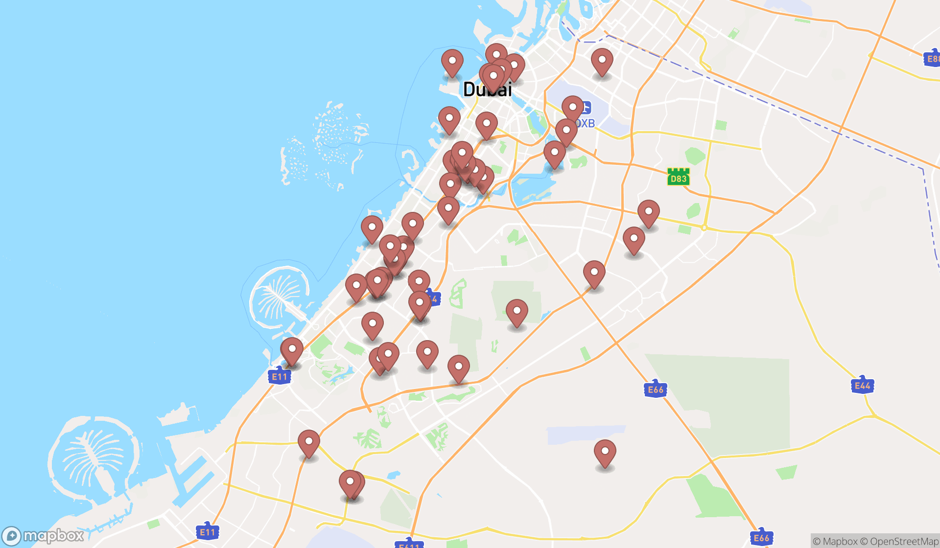 Map showing the search results in Dubai