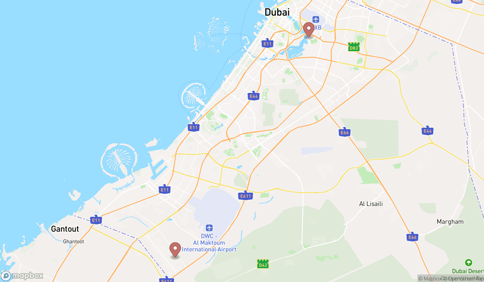 Map showing the search results in Dubai