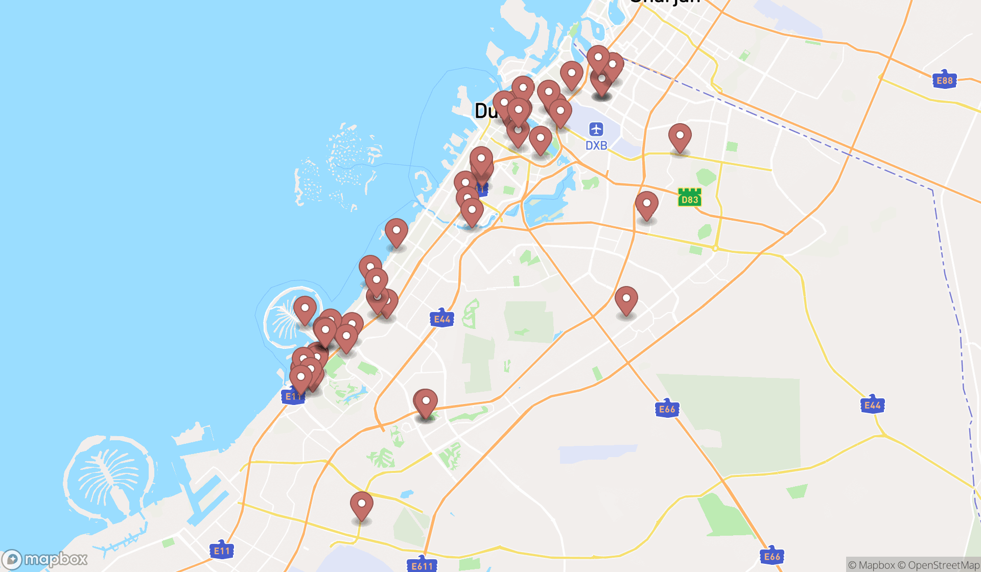 Map showing the search results in Dubai