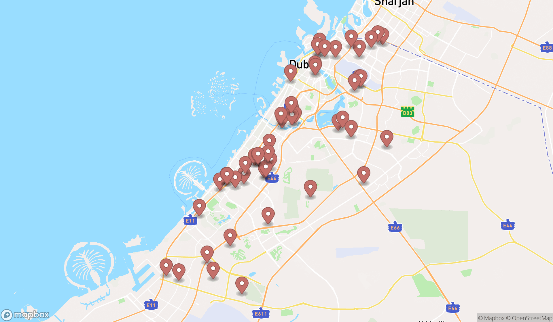 Map showing the search results in Dubai