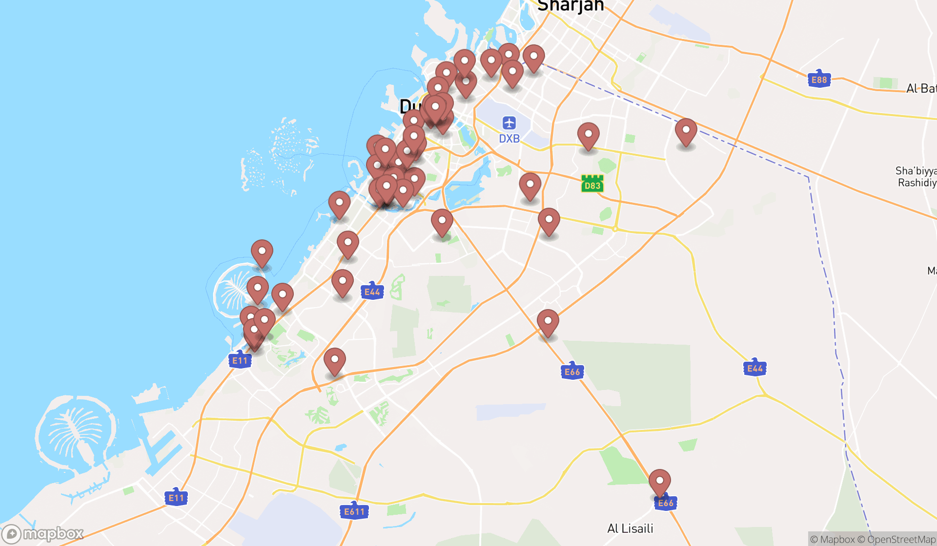 Map showing the search results in Dubai
