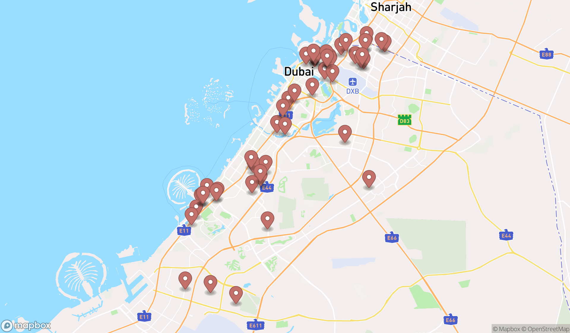 Map showing the search results in Dubai