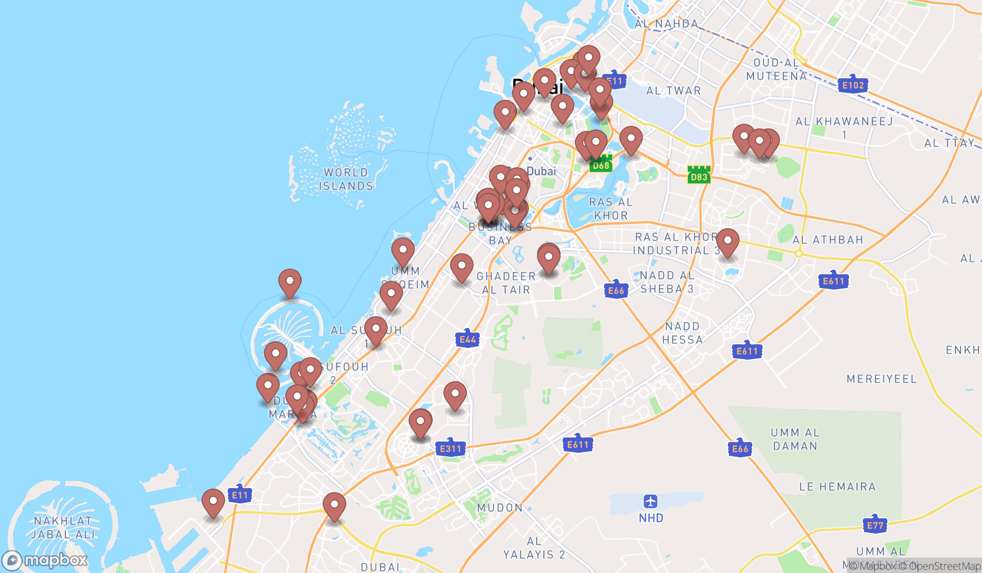 Map showing the search results in Dubai