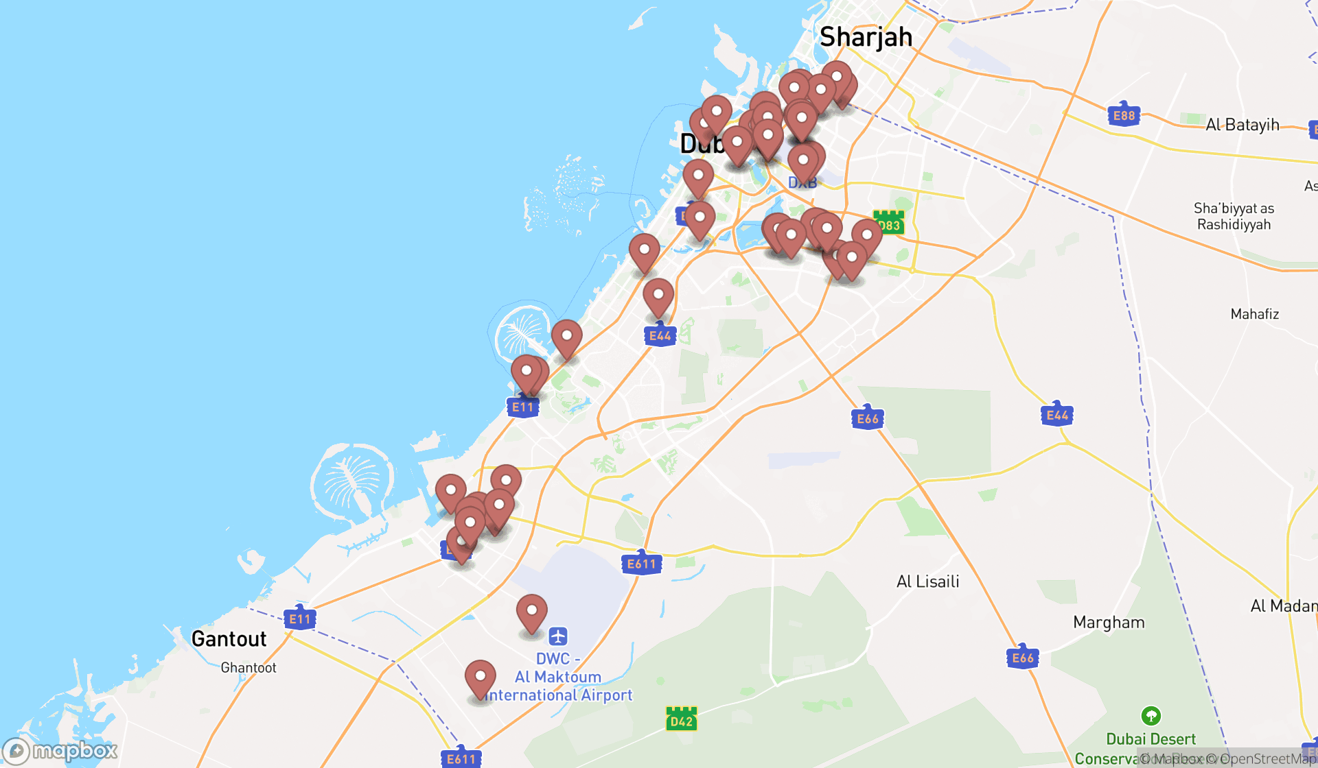 Map showing the search results in Dubai