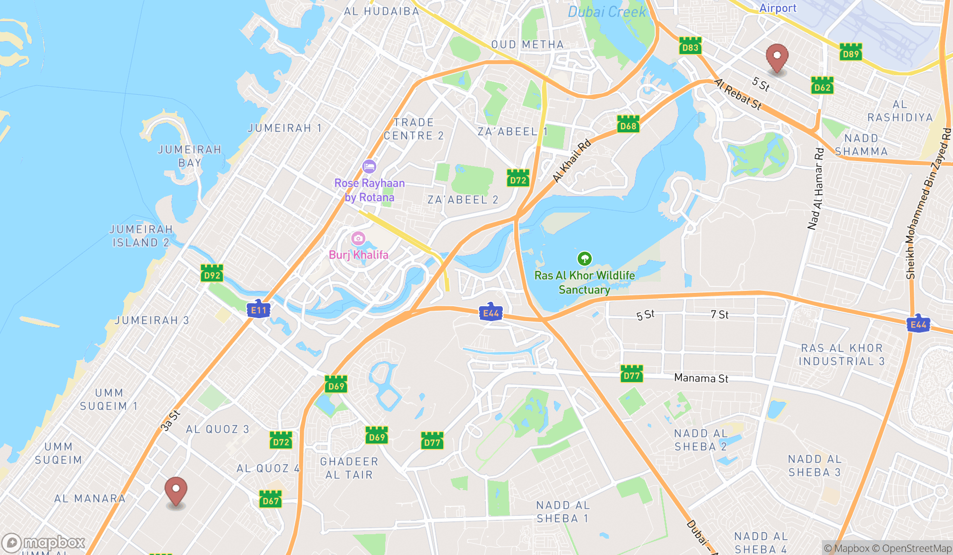 Map showing the search results in Dubai