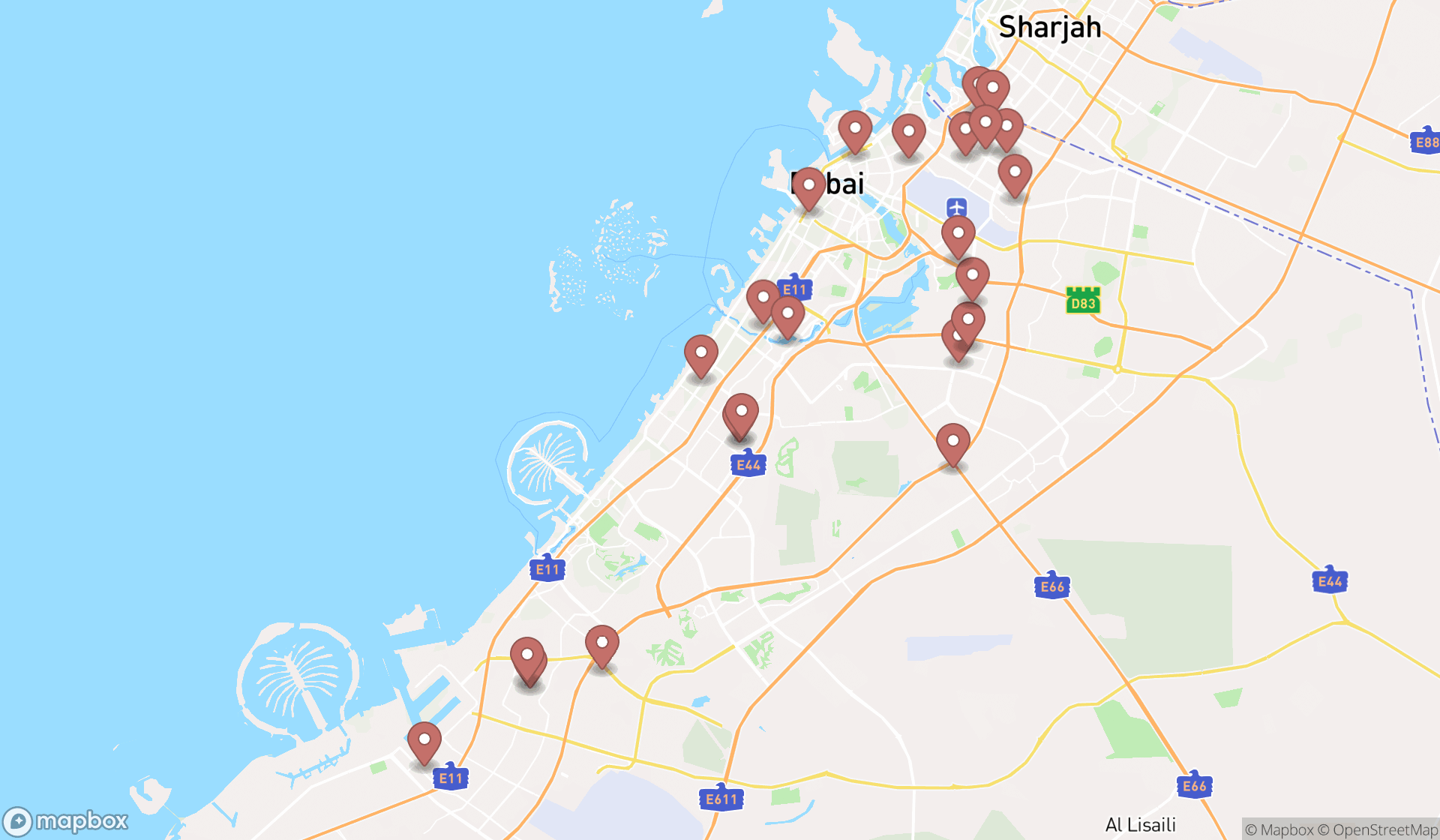 Map showing the search results in Dubai