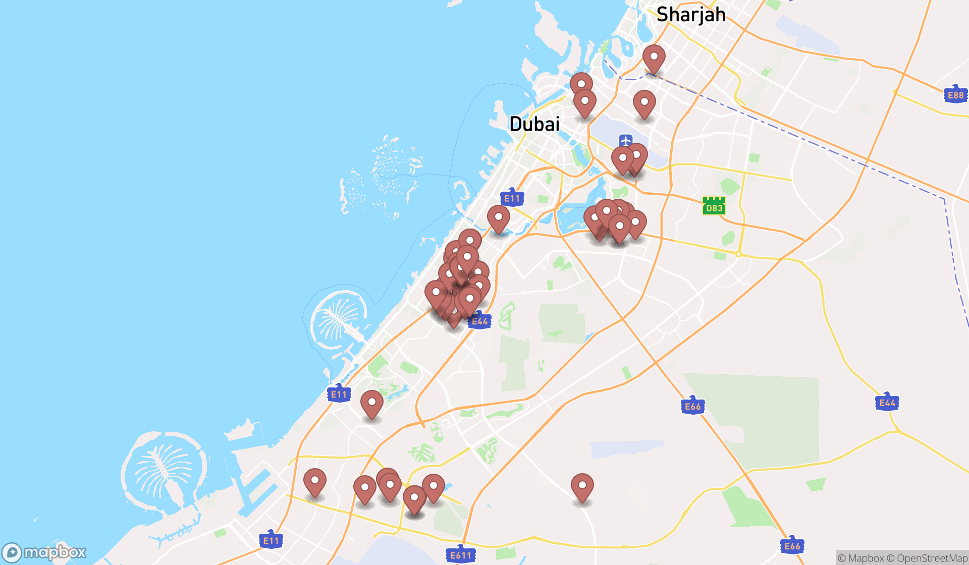 Map showing the search results in Dubai