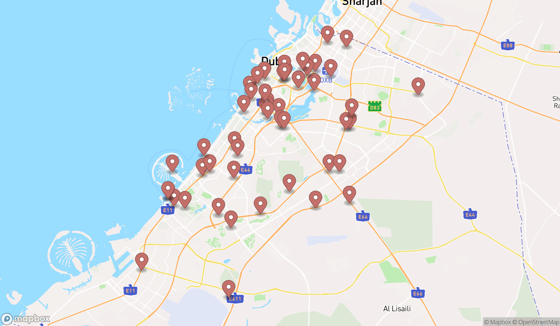 Map showing the search results in Dubai