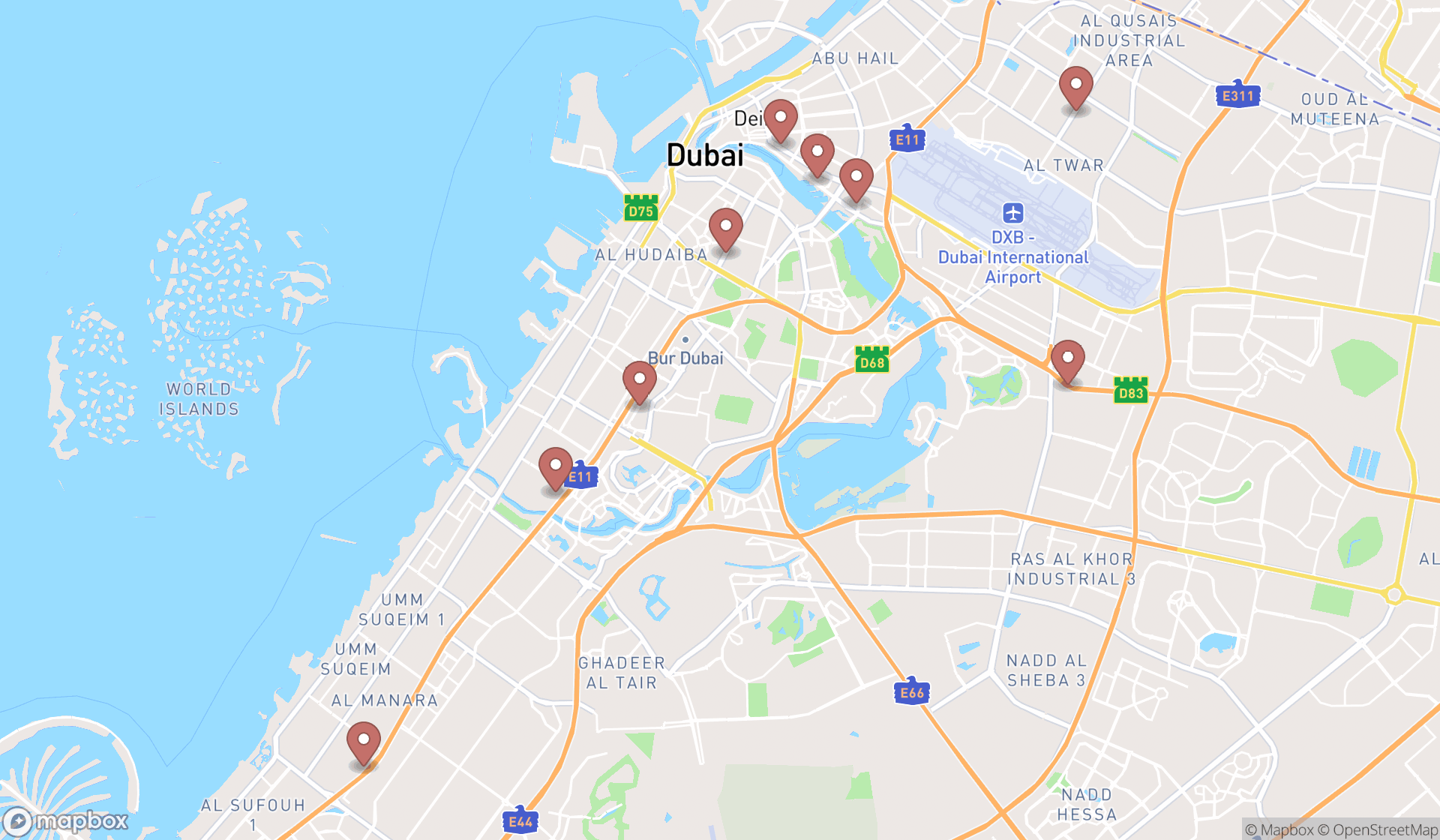 Map showing the search results in Dubai
