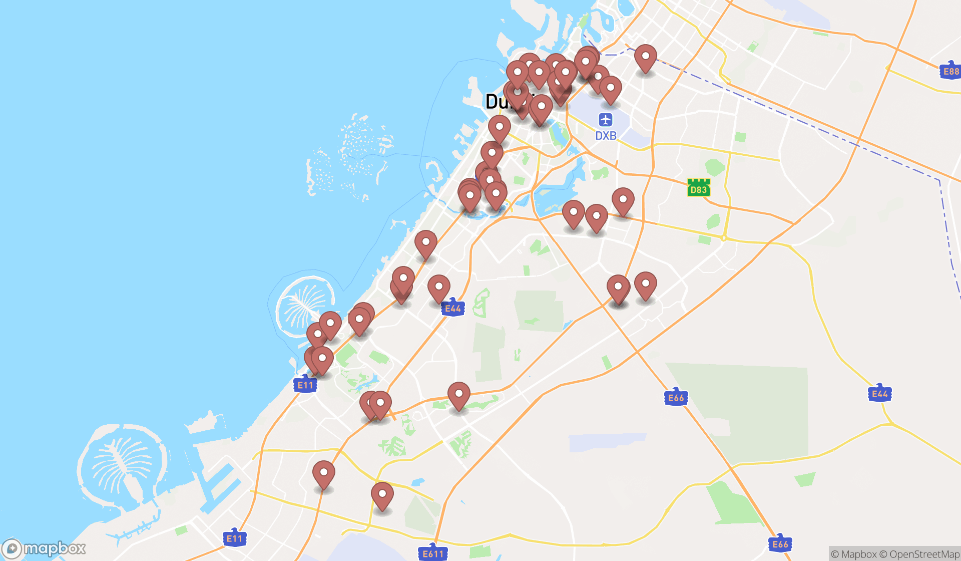 Map showing the search results in Dubai