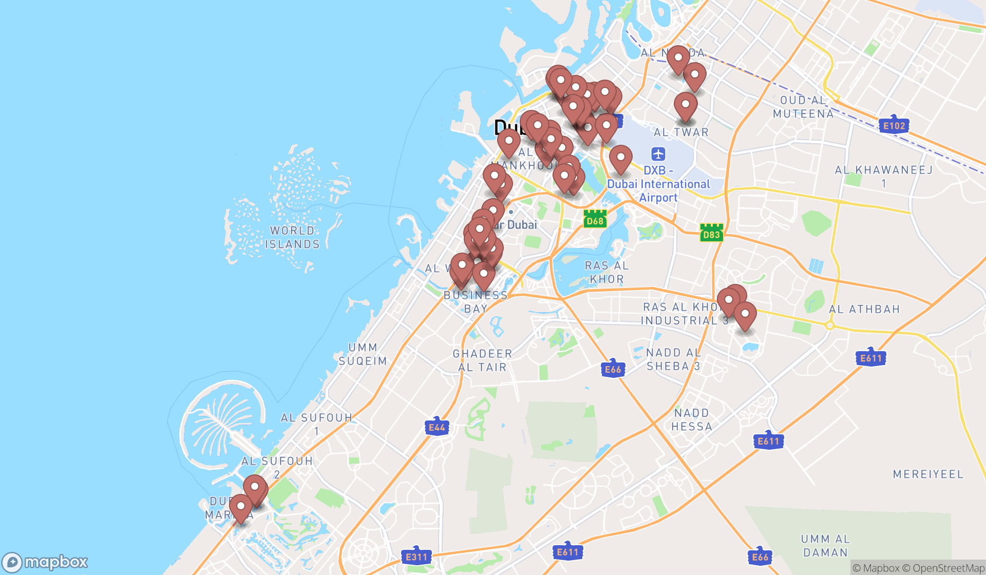 Map showing the search results in Dubai