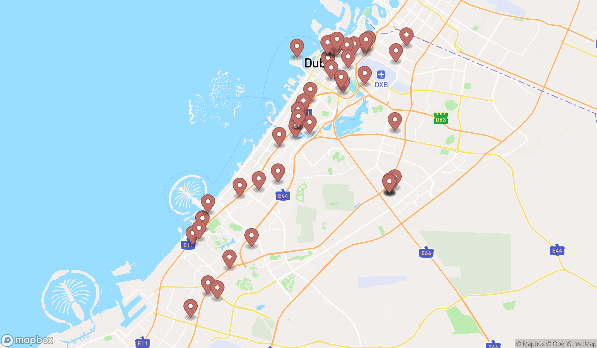 Map showing the search results in Dubai