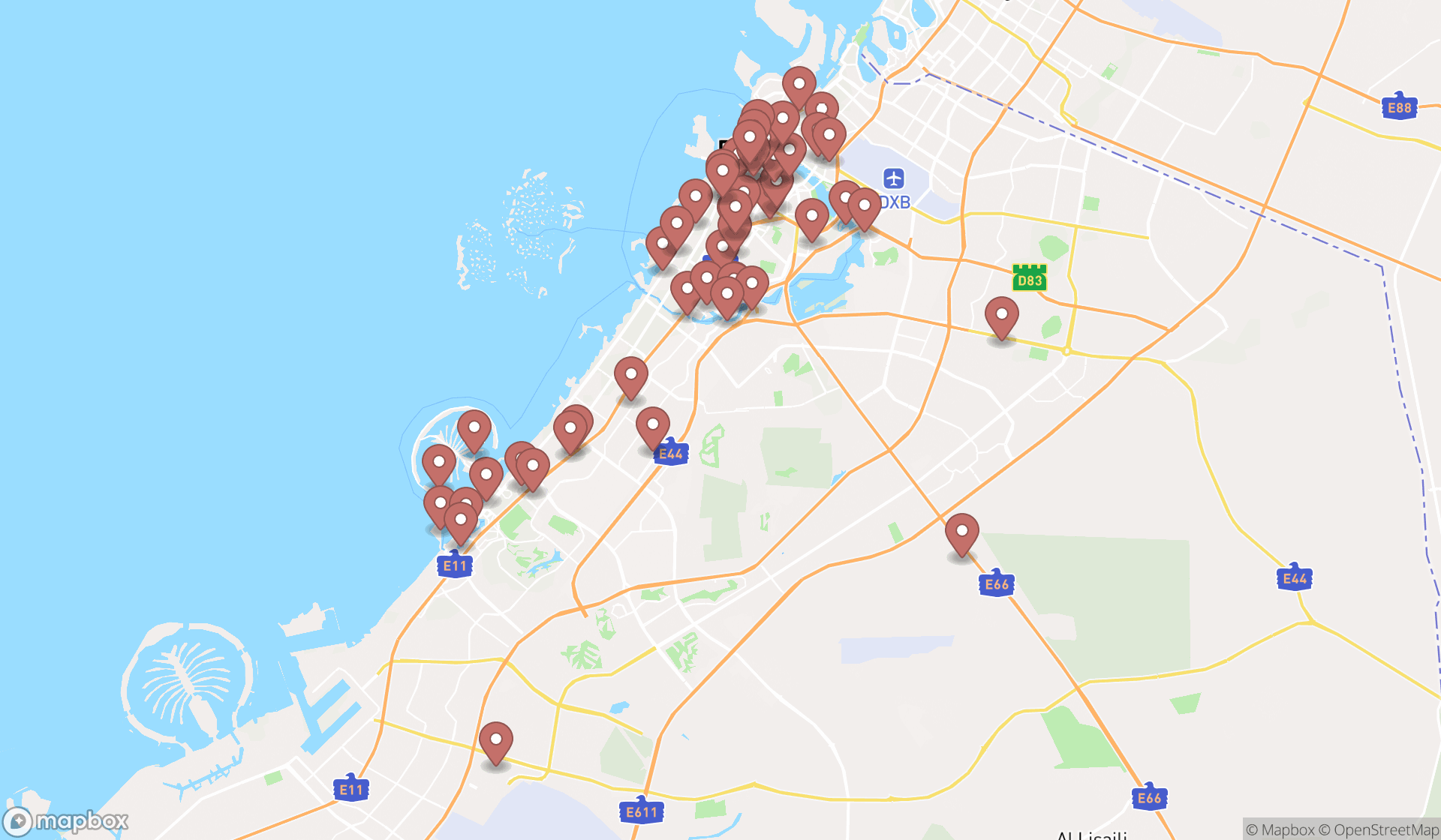 Map showing the search results in Dubai