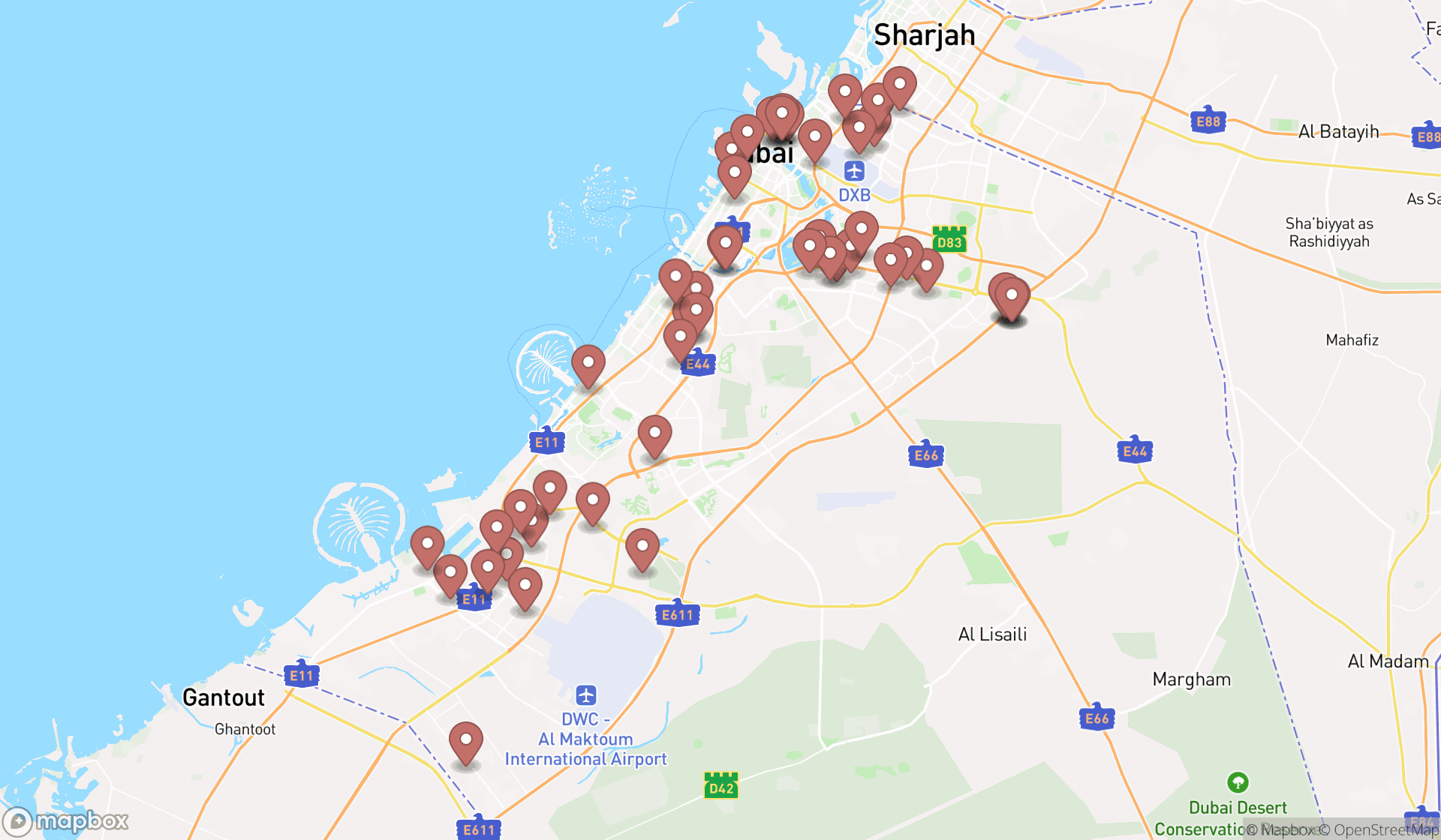 Map showing the search results in Dubai