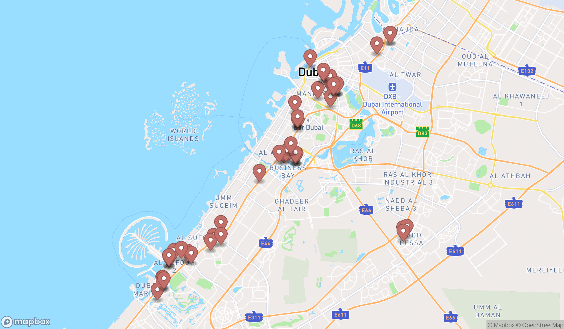 Map showing the search results in Dubai