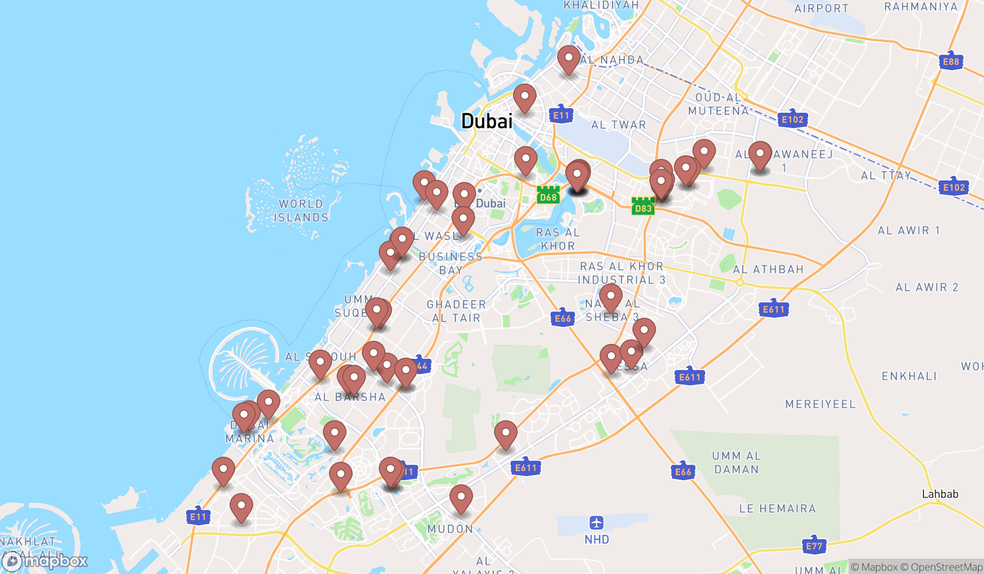 Map showing the search results in Dubai