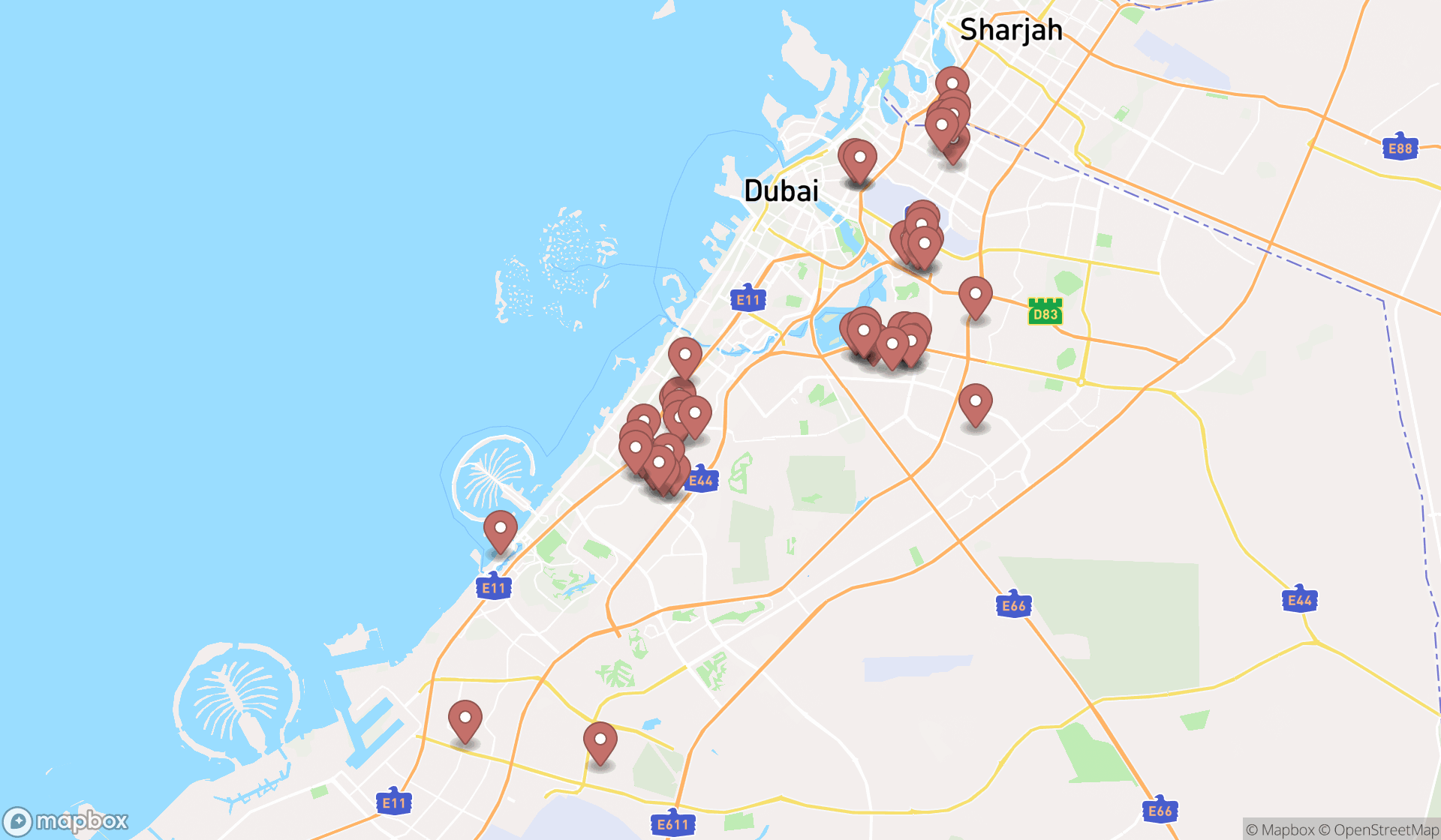 Map showing the search results in Dubai