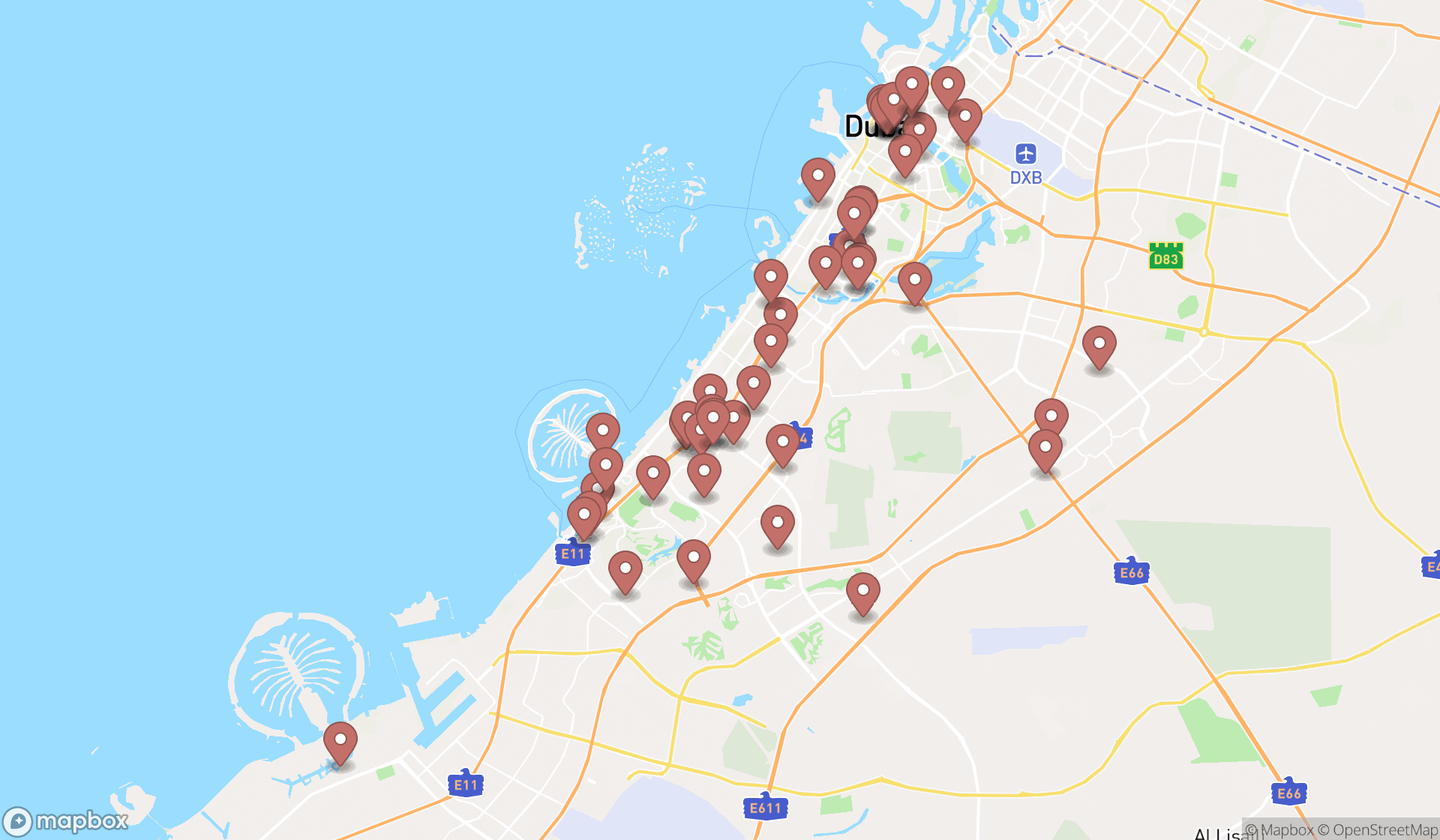 Map showing the search results in Dubai