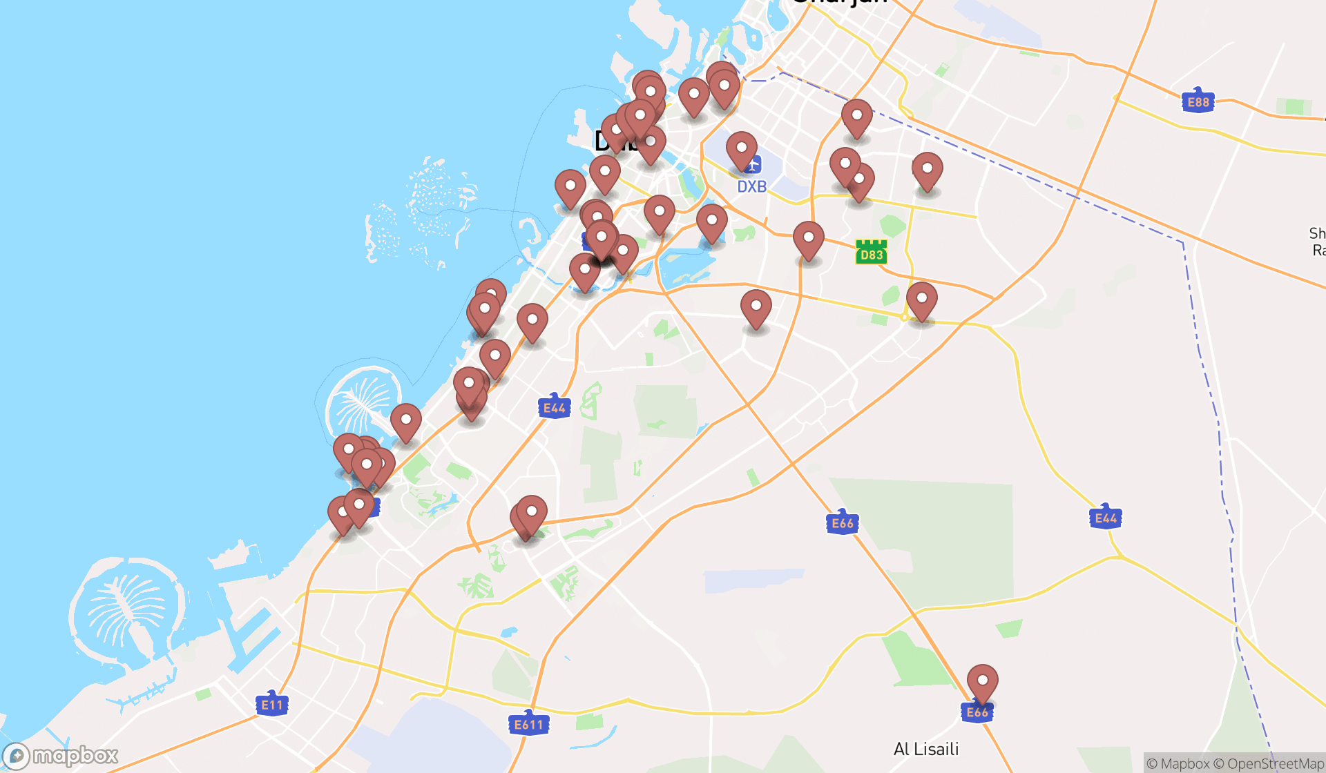 Map showing the search results in Dubai