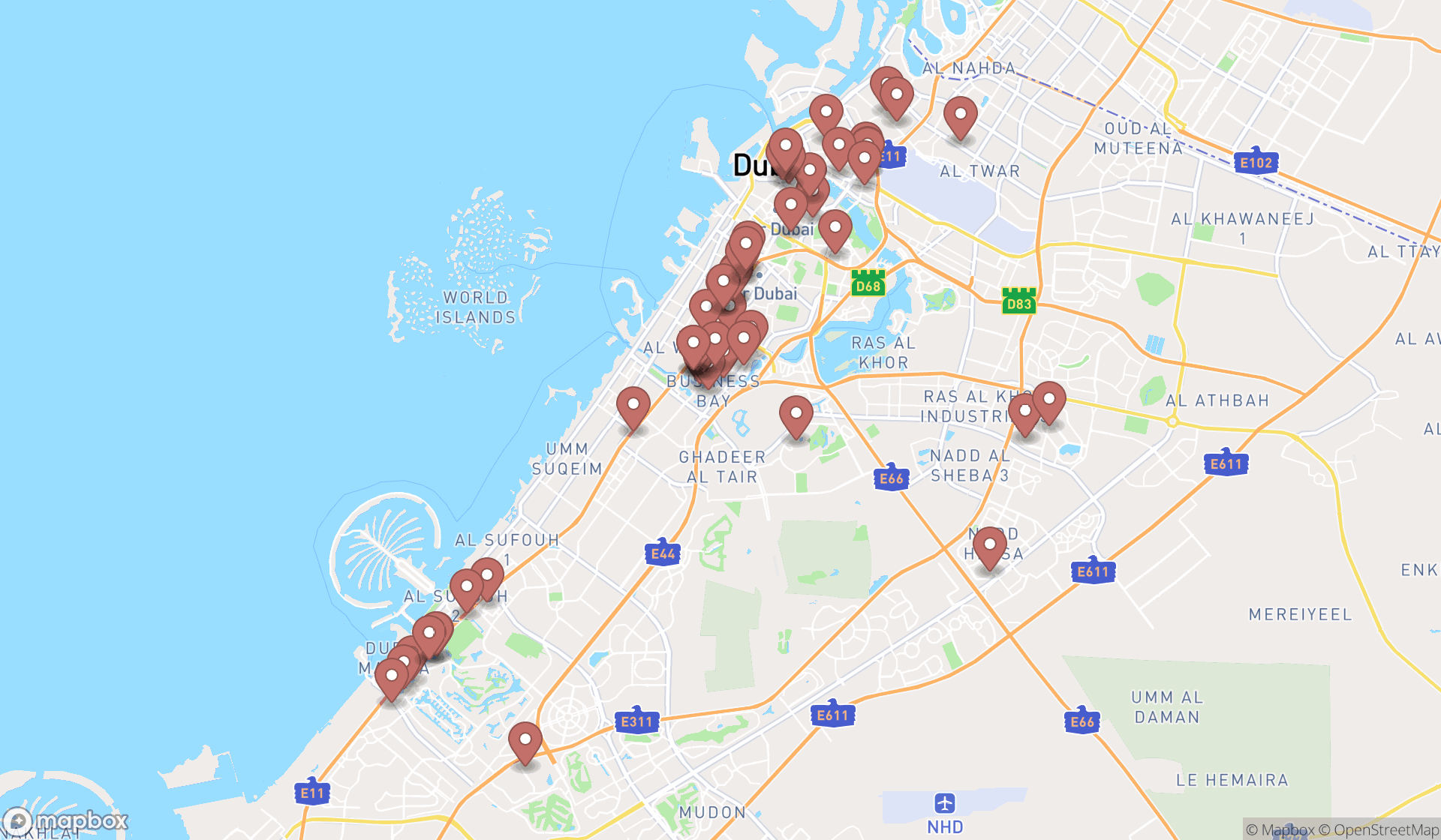 Map showing the search results in Dubai