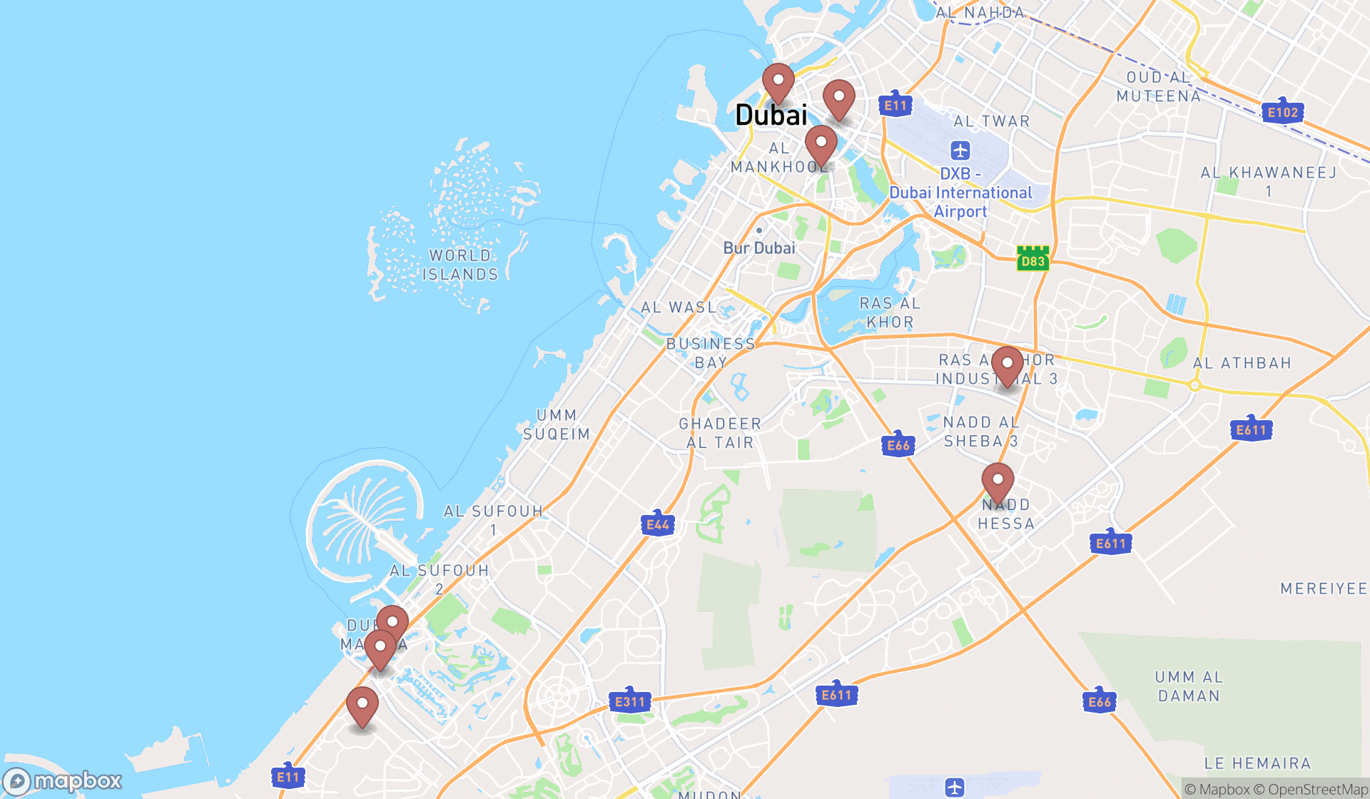 Map showing the search results in Dubai