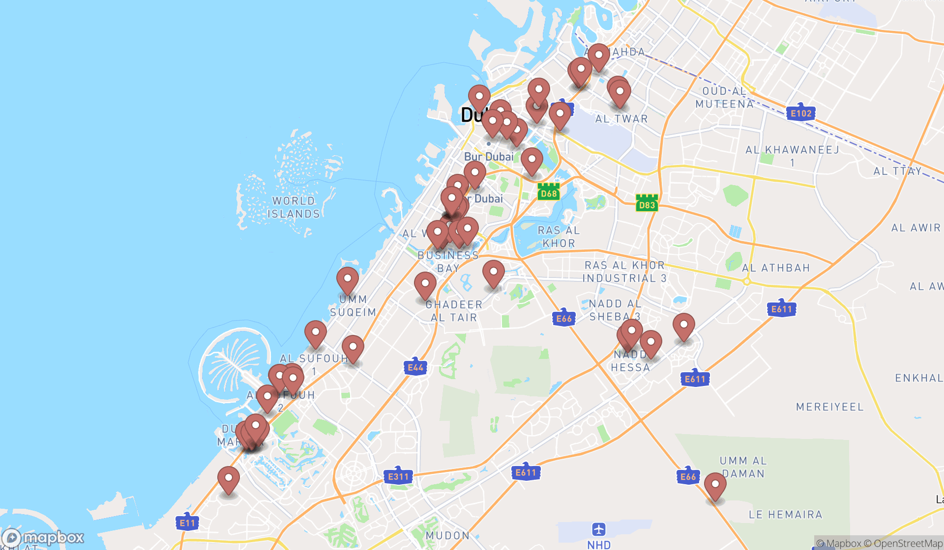 Map showing the search results in Dubai