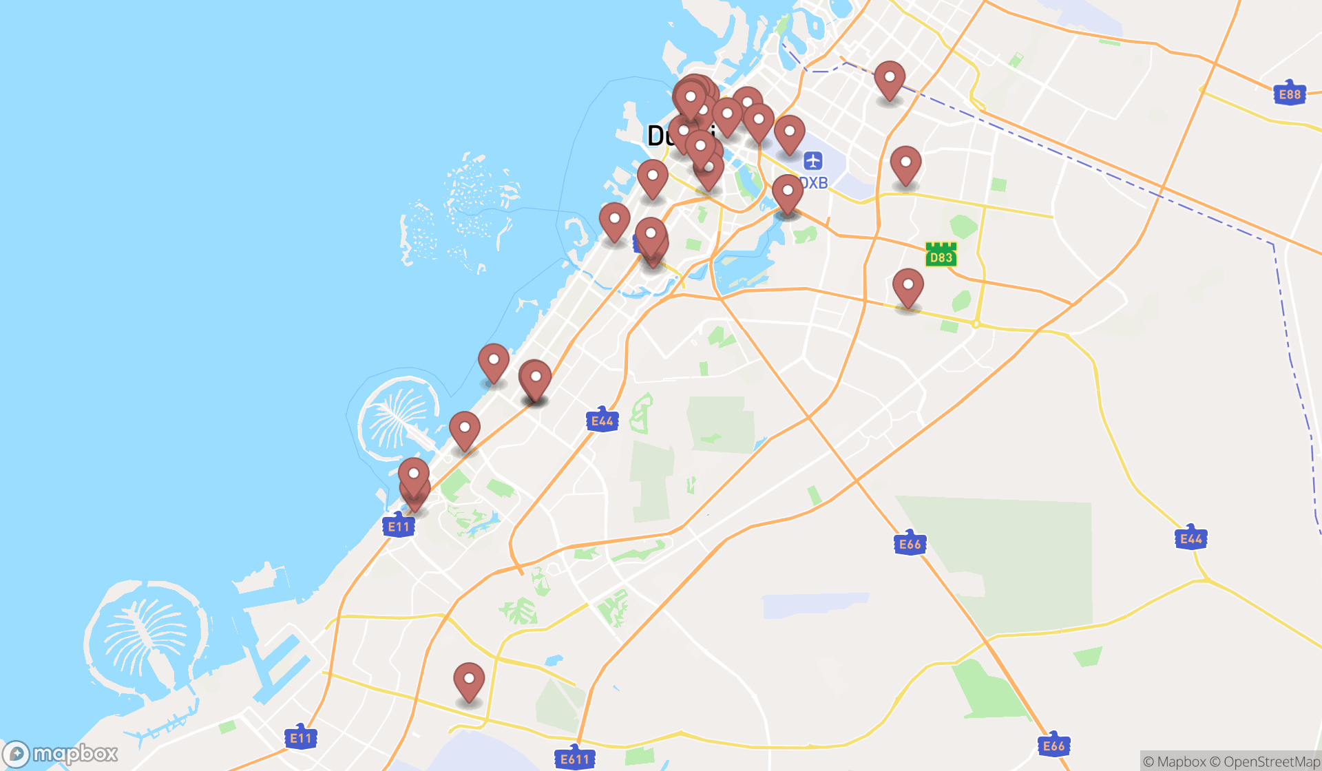 Map showing the search results in Dubai