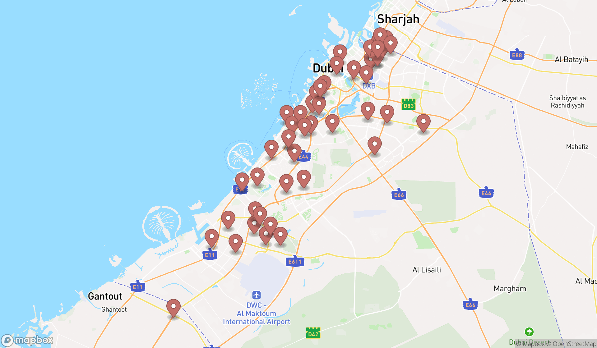 Map showing the search results in Dubai