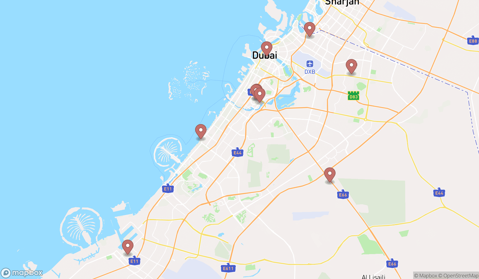 Map showing the search results in Dubai