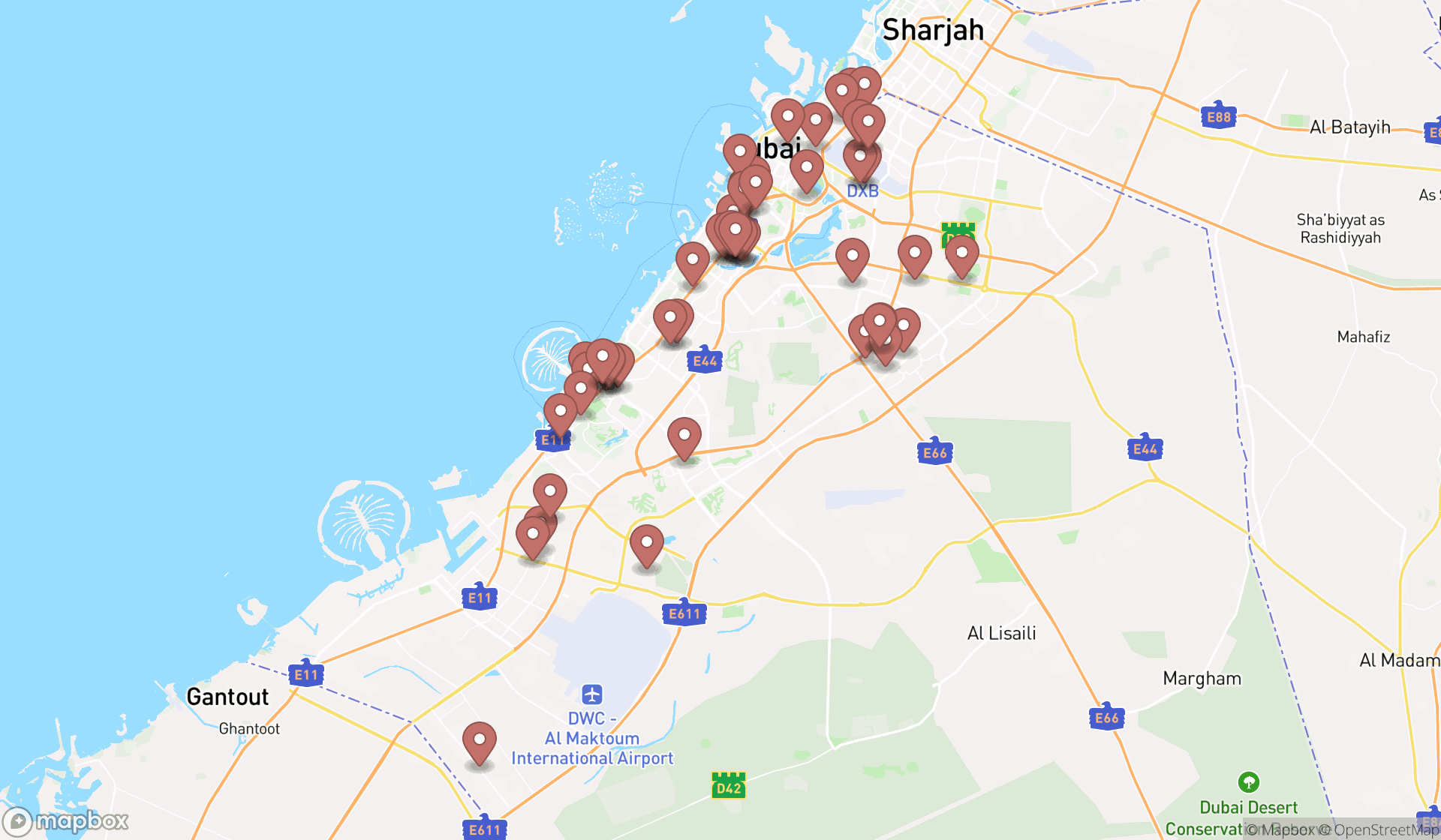 Map showing the search results in Dubai