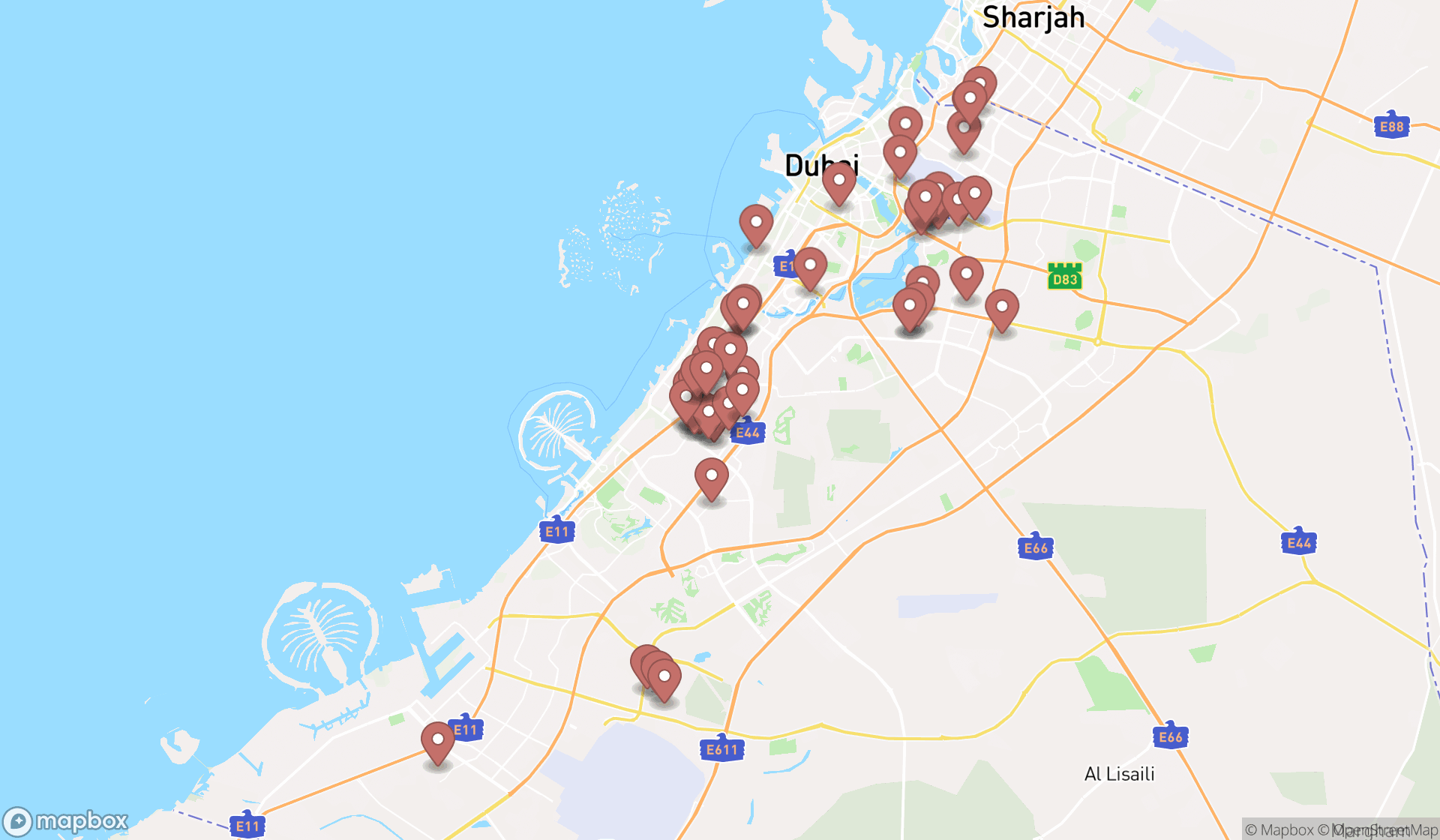 Map showing the search results in Dubai