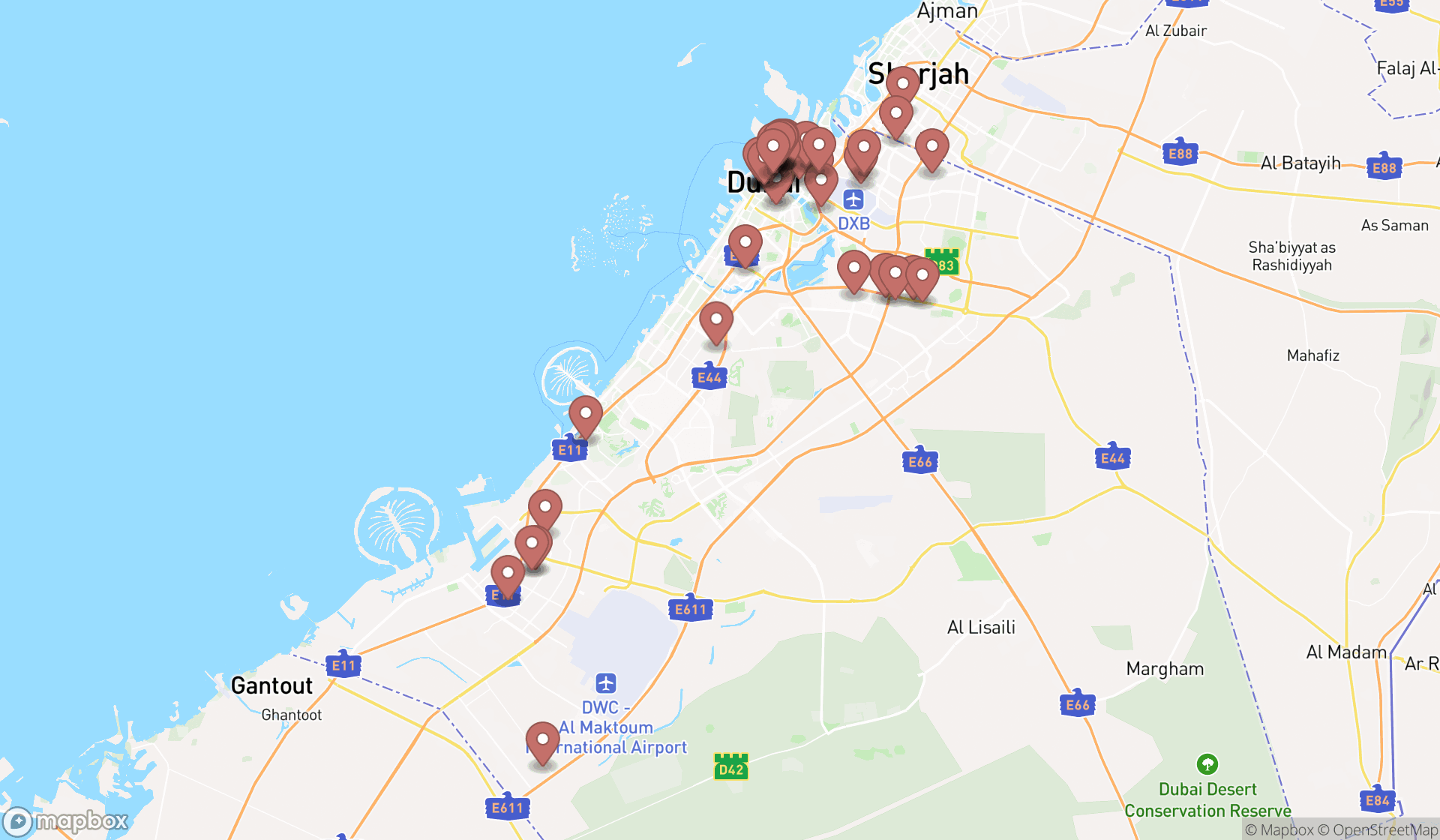 Map showing the search results in Dubai