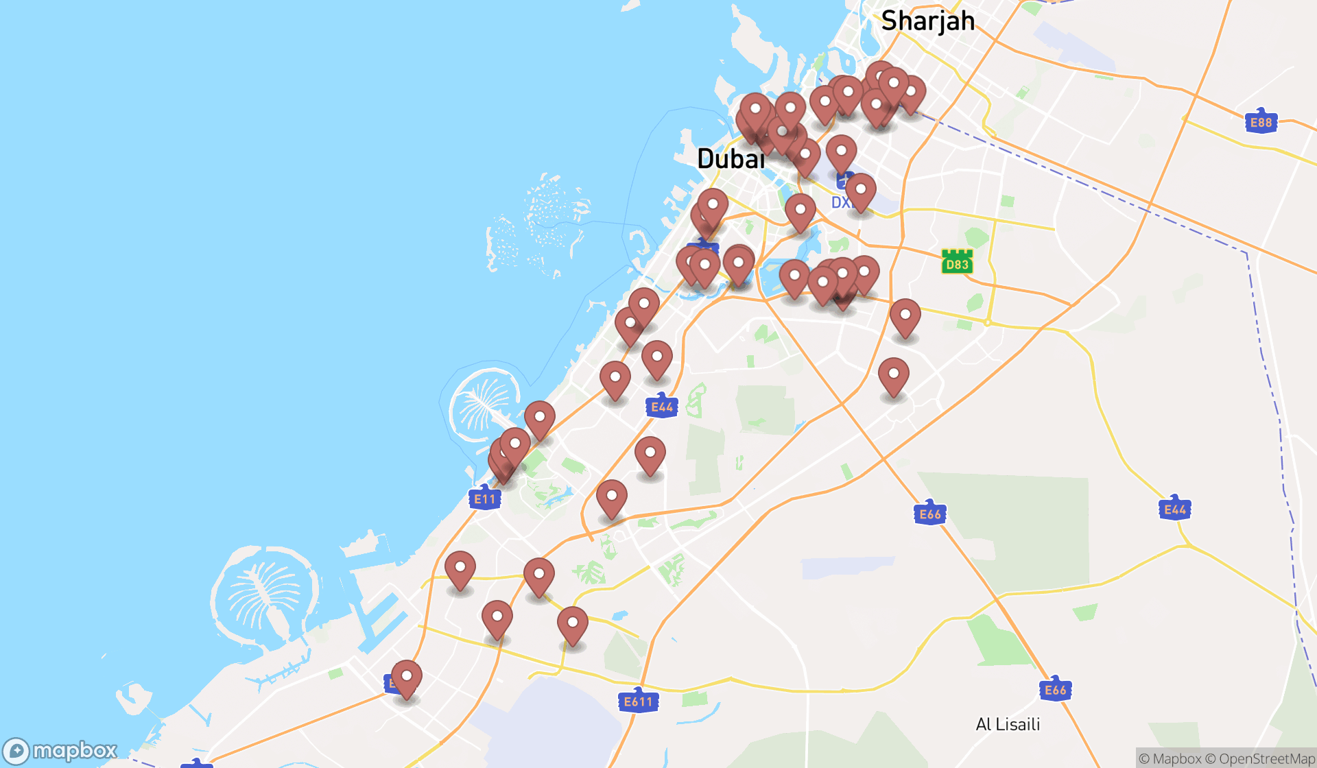 Map showing the search results in Dubai