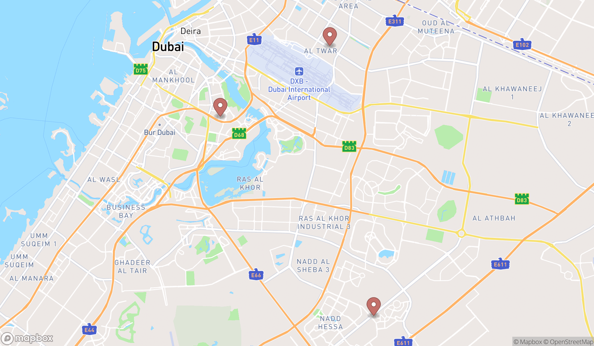Map showing the search results in Dubai