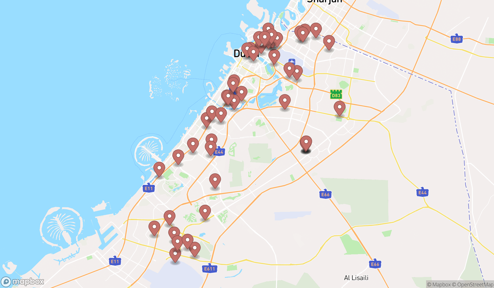 Map showing the search results in Dubai
