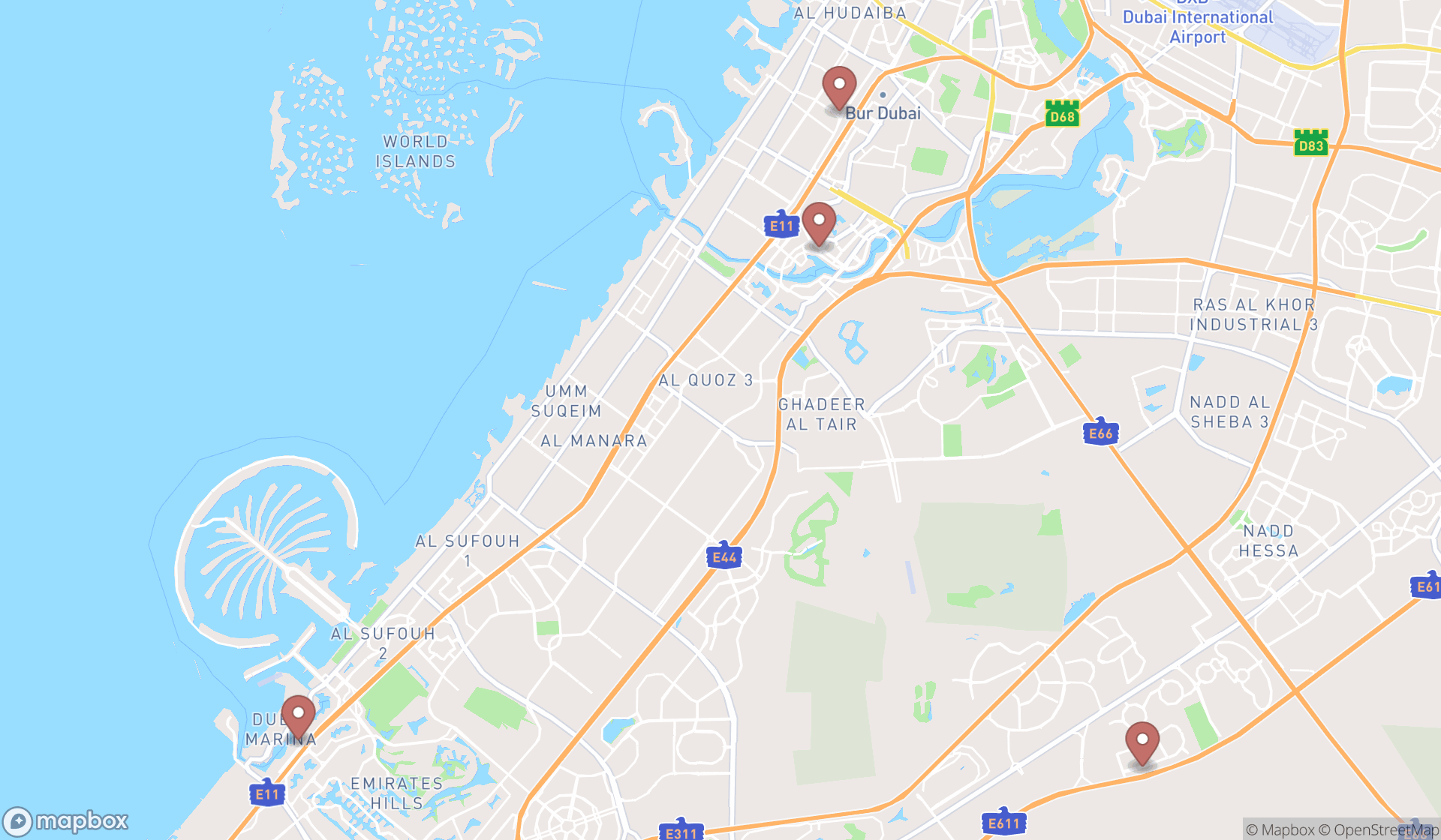 Map showing the search results in Dubai