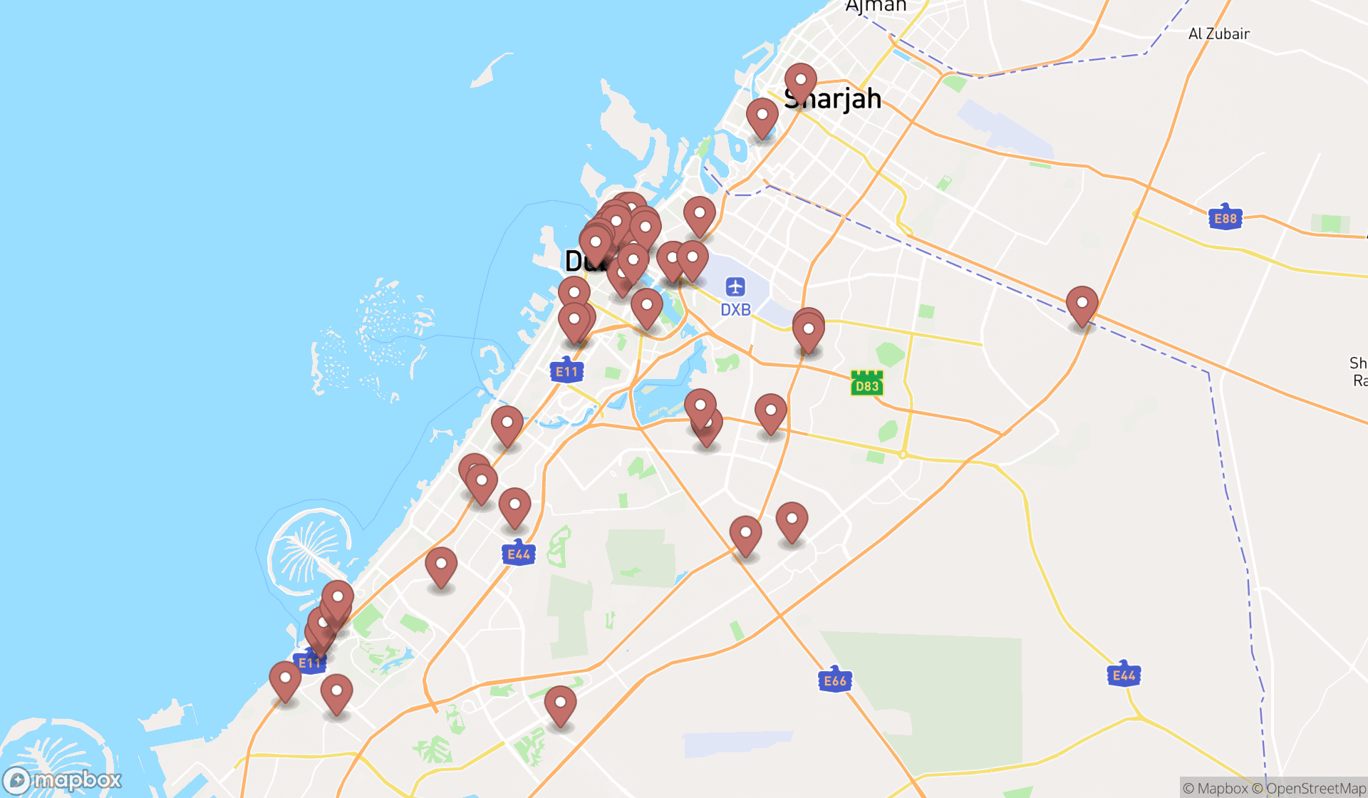 Map showing the search results in Dubai
