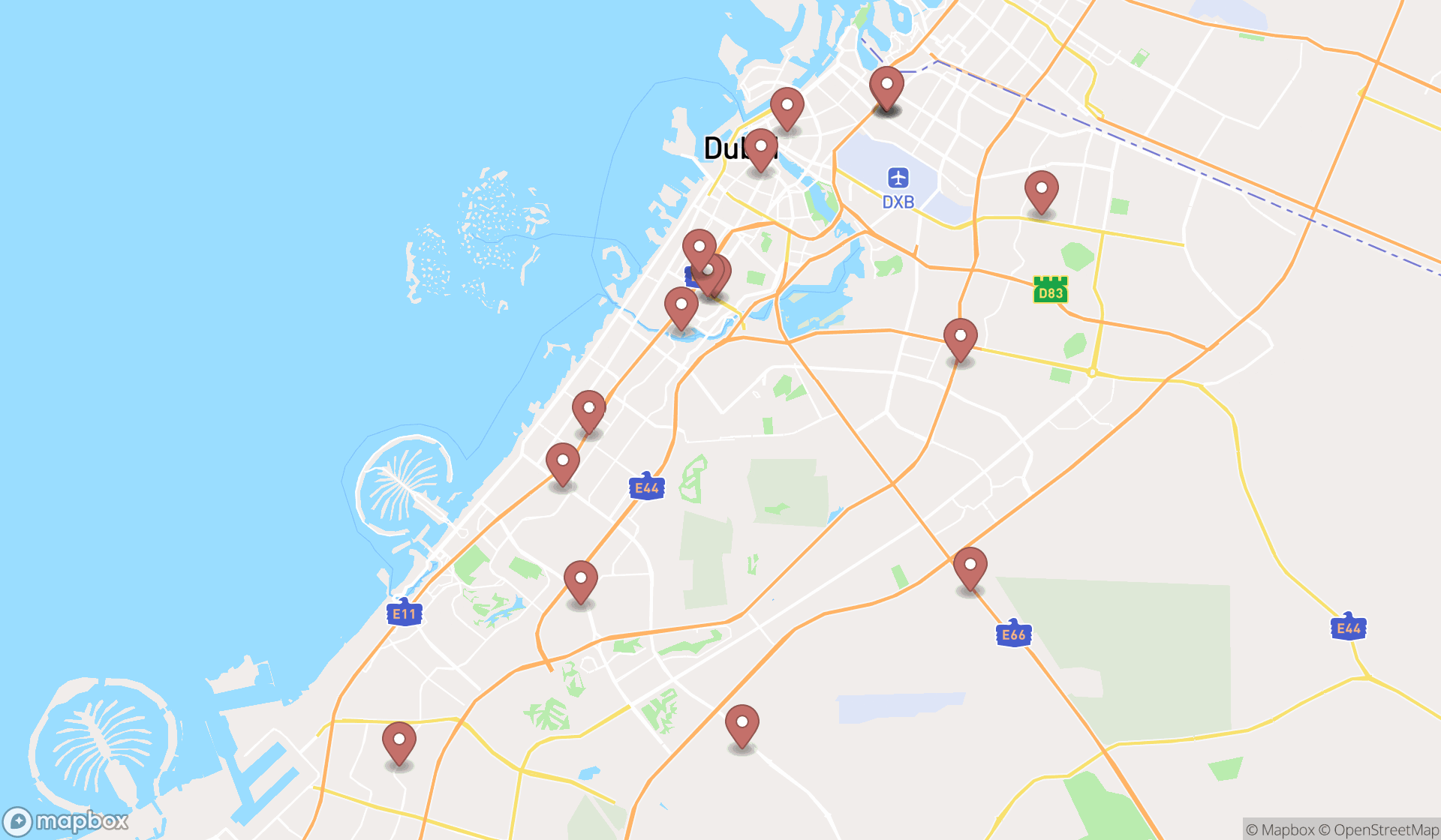 Map showing the search results in Dubai