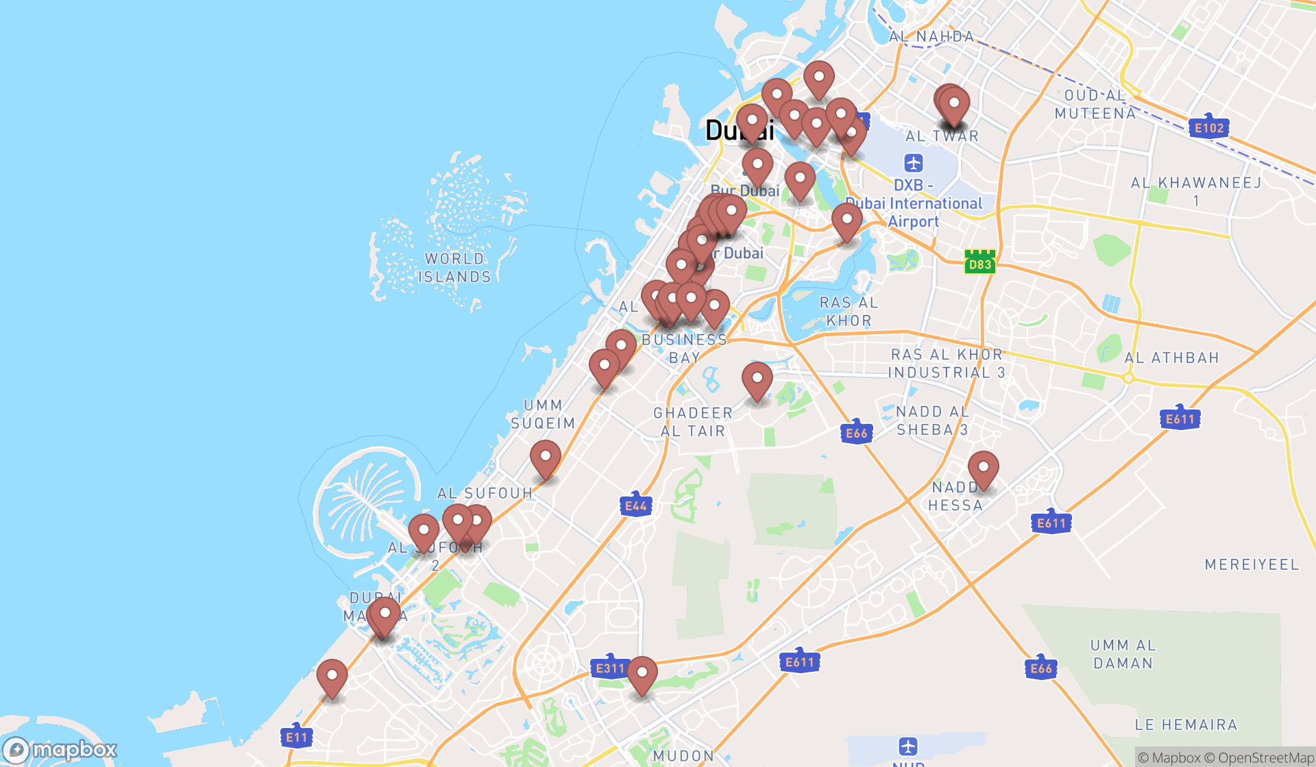 Map showing the search results in Dubai