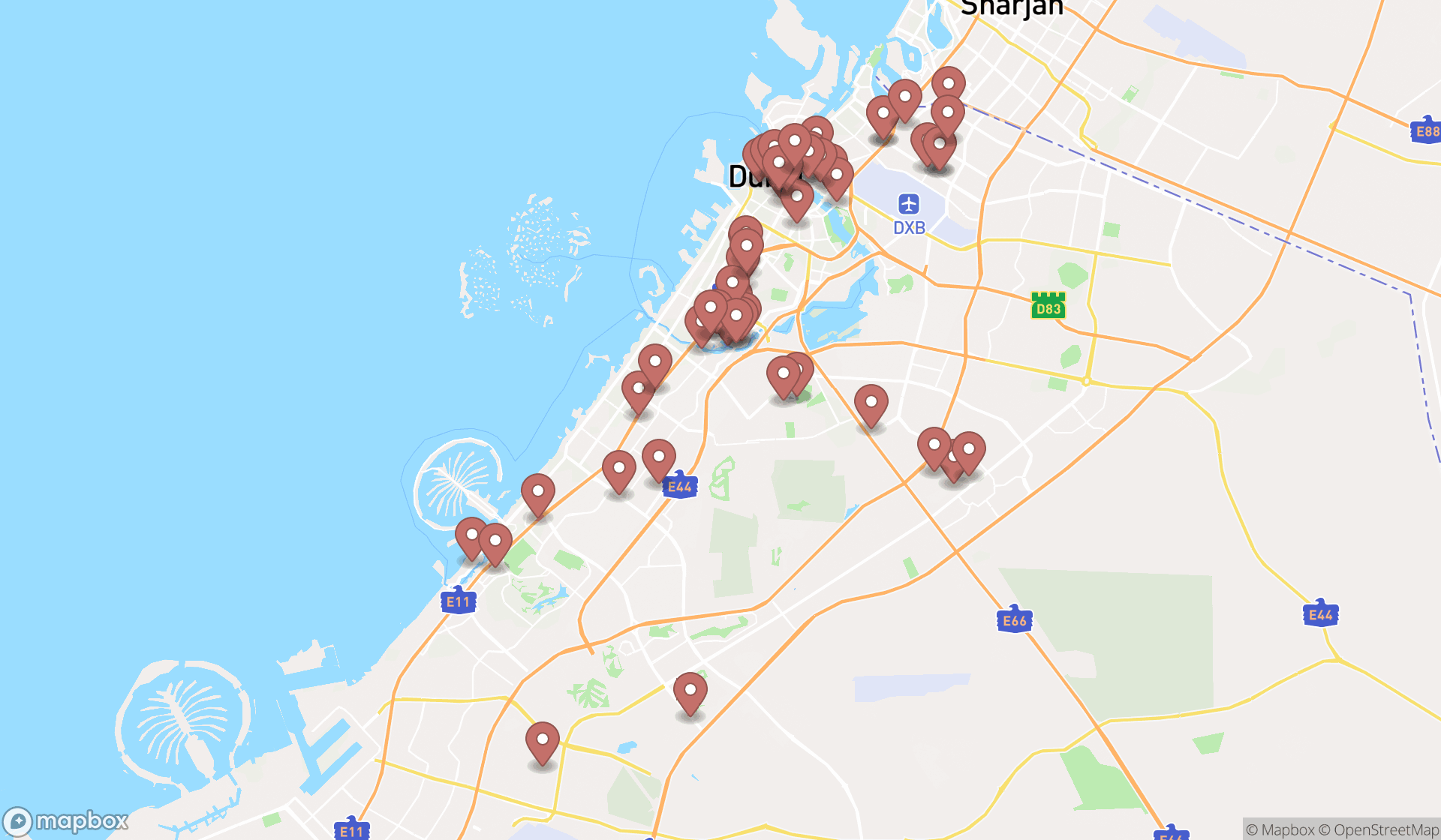 Map showing the search results in Dubai